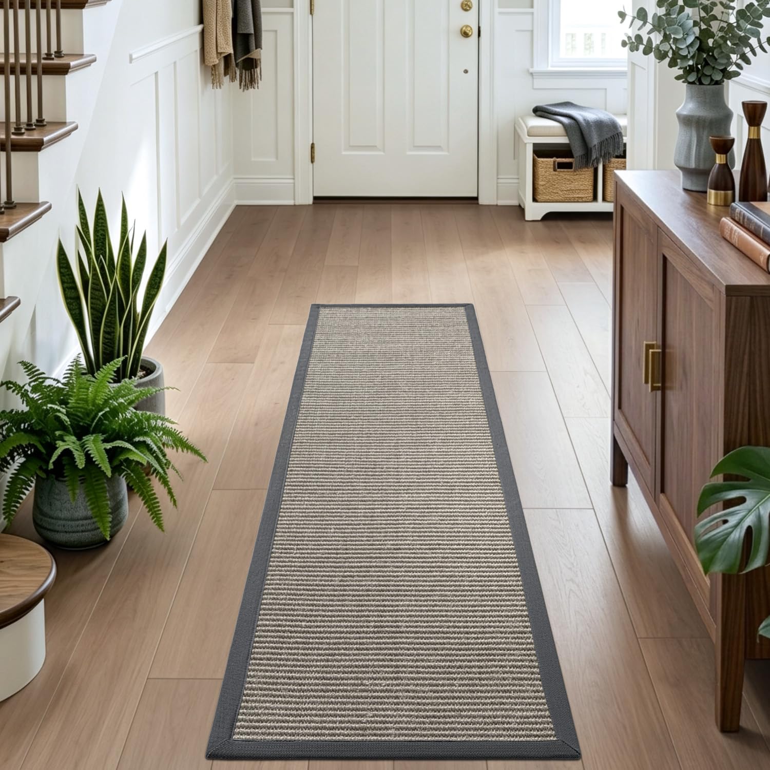 DEXI Jute-Flur-Läufer, 70 x 200 cm, gewebte geflochtene Naturfaser, rutschfester Läufer innen, Bauernhaus-Läufer, Teppich für den Eingangsbereich, Küche, Luandry, Natur/Grau