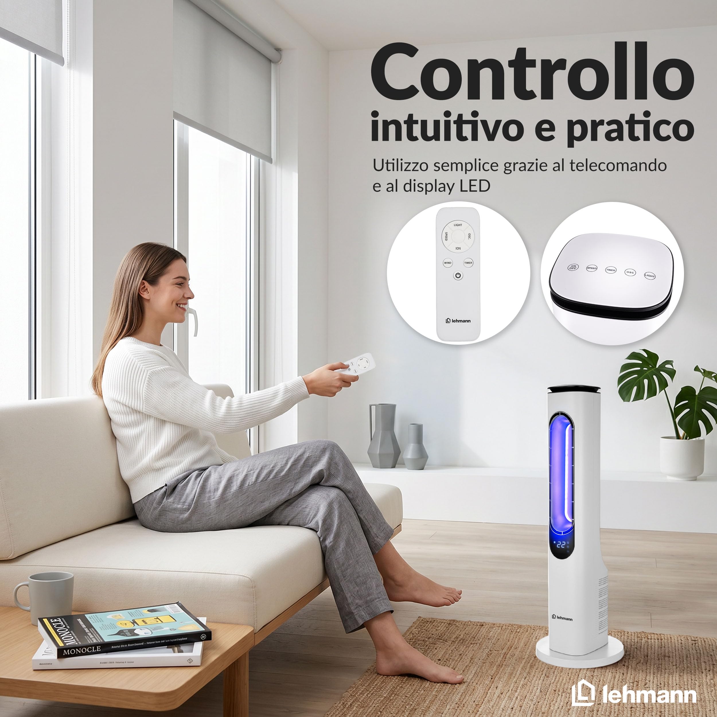 LEHMANN Ventilatore a Torre senza Pale, Ventilatore a Colonna Silenzioso con Modalità Notte, Telecomando, Schermo LED, Timer 1-15 h, 3 Velocità, 3 Modalità, 3 Colori di Illuminazione, Oscillazione