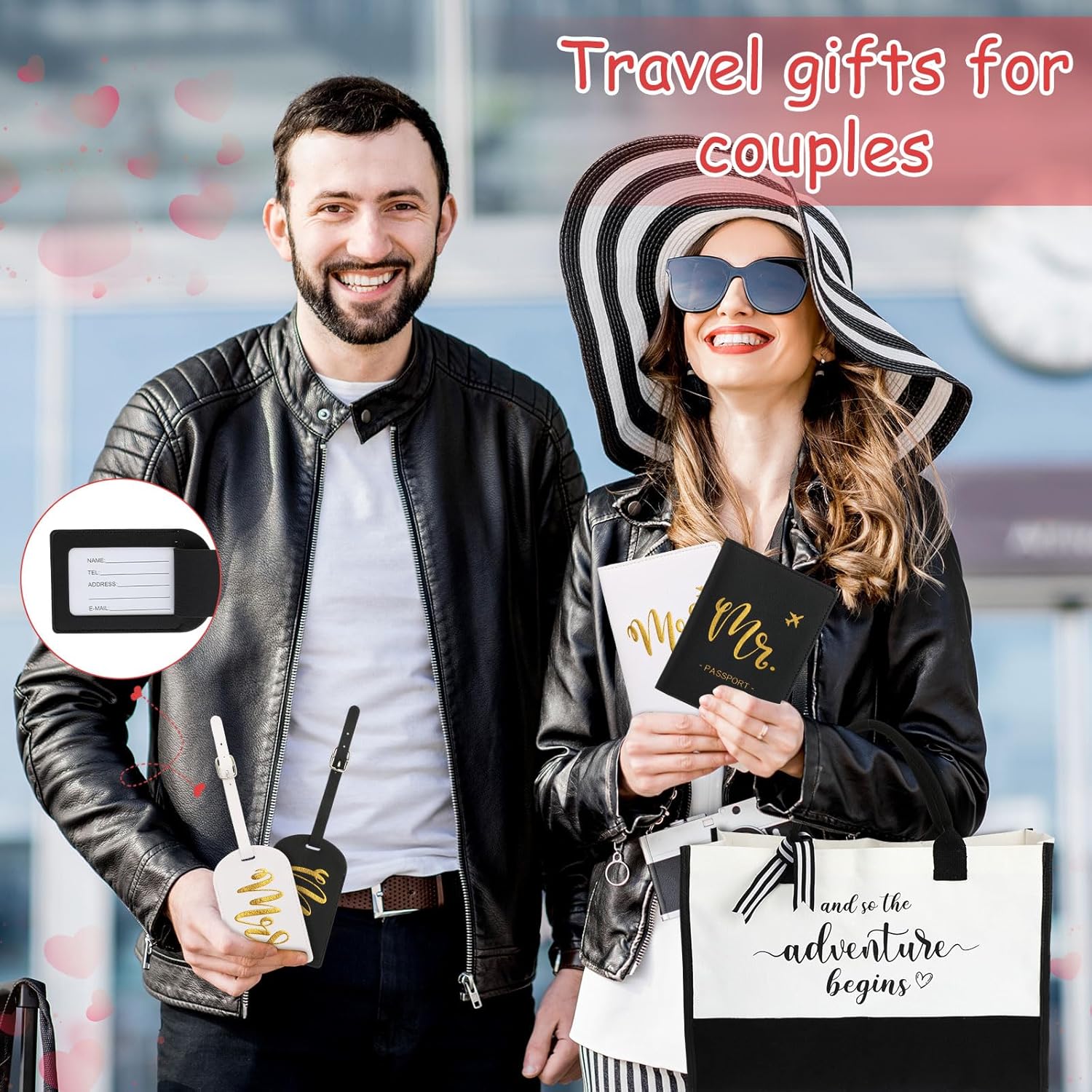 16 Pcs Wedding Gifts for Couple Mr Mrs Honeymoon Gifts Bridal Shower Engagement Favors with Glass Date Night Dice Passport Holder Baggage Tags Jar Tote Bag(Mr and Mrs)