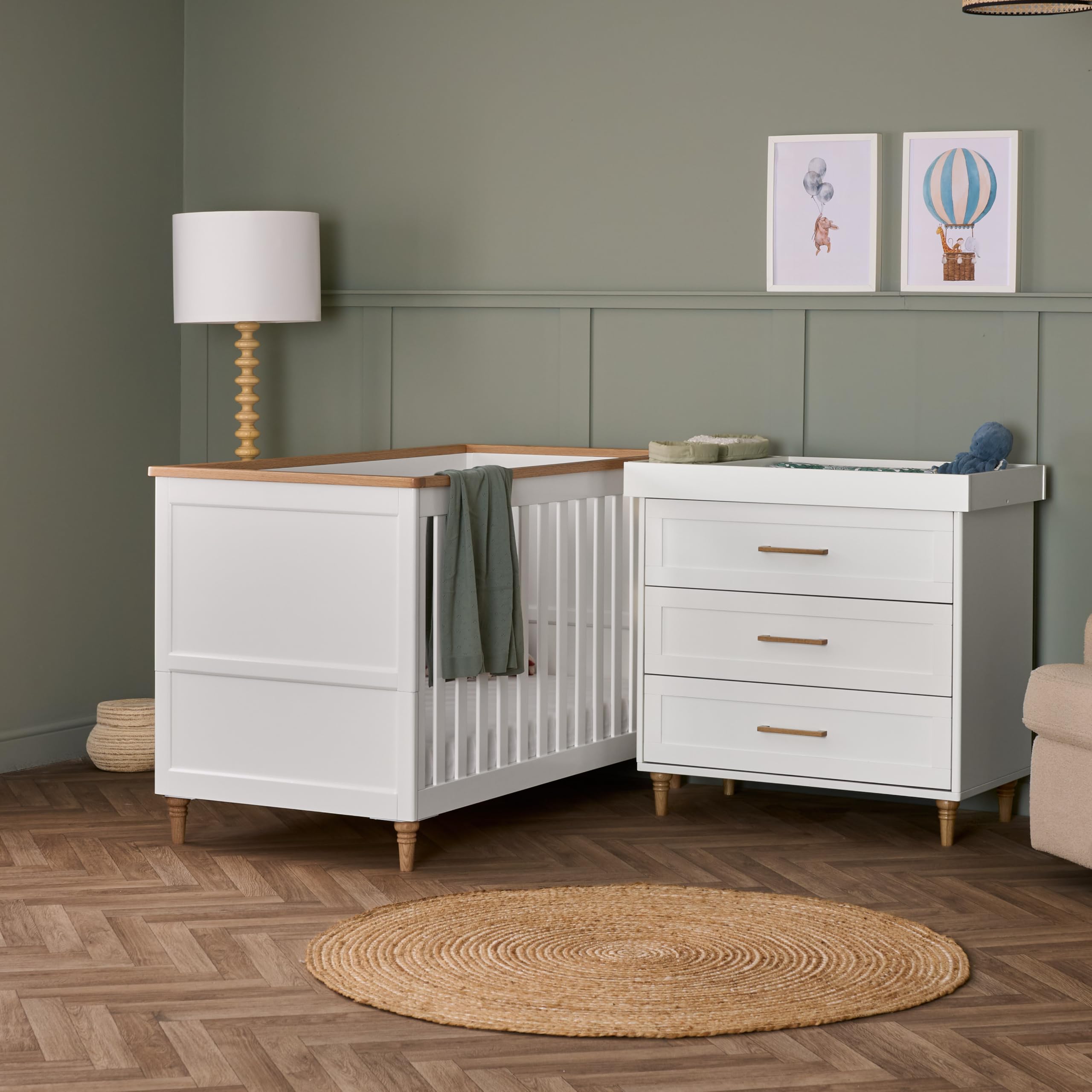 Obaby Orla 2 Piece Room Set – White with Natural – Cot Bed & Changer Unit for Nursery