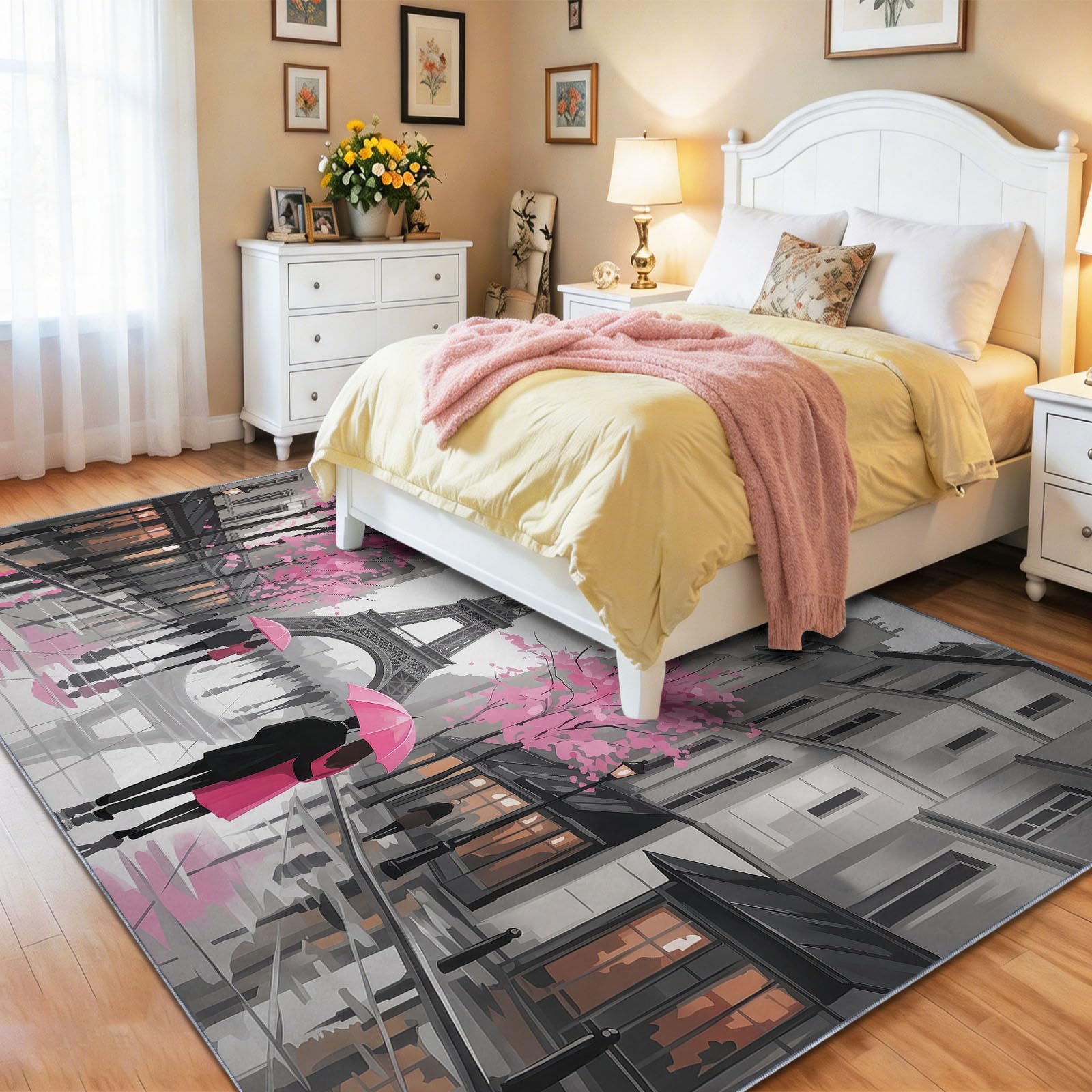 Französisch Fotografie Teppich Waschbar 100 x 150 cm, Eiffelturm Strasse Bäume Weich rutschfest Kurzflor Teppiche, für Wohnzimmer Schlafzimmer Esszimmer Büro, Bunt
