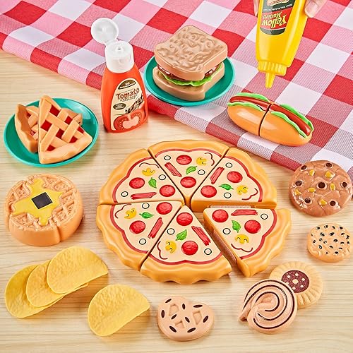 Miniatura 7 de Juego de 137 piezas de comida de juego de simulación para niños con dos cestas, juego de cocina para niños pequeños con comida de juguete cortable,