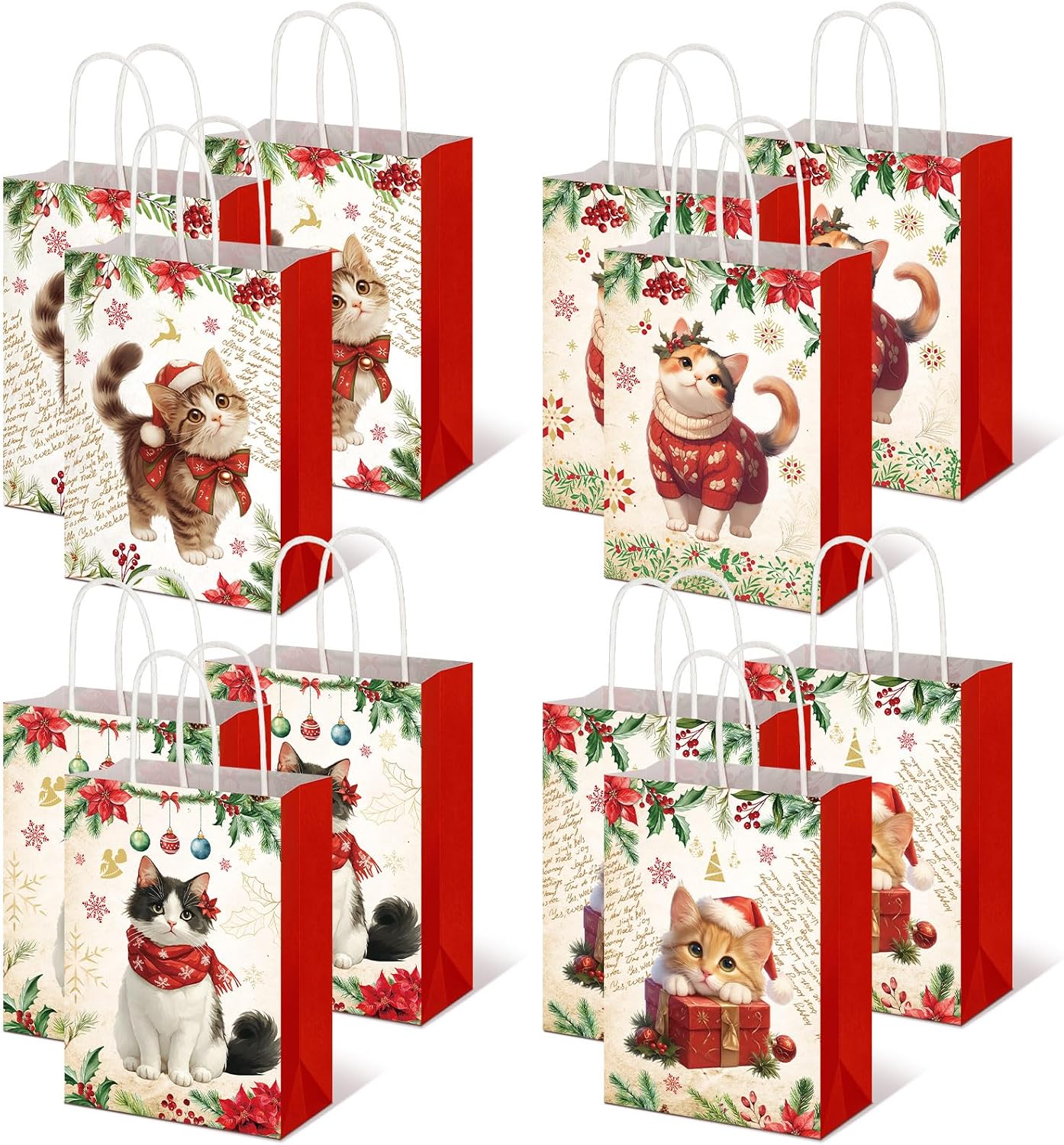 Trandraft 12 Pcs Small Christmas Gift Bag Pet Kraft with Handles, Cat
