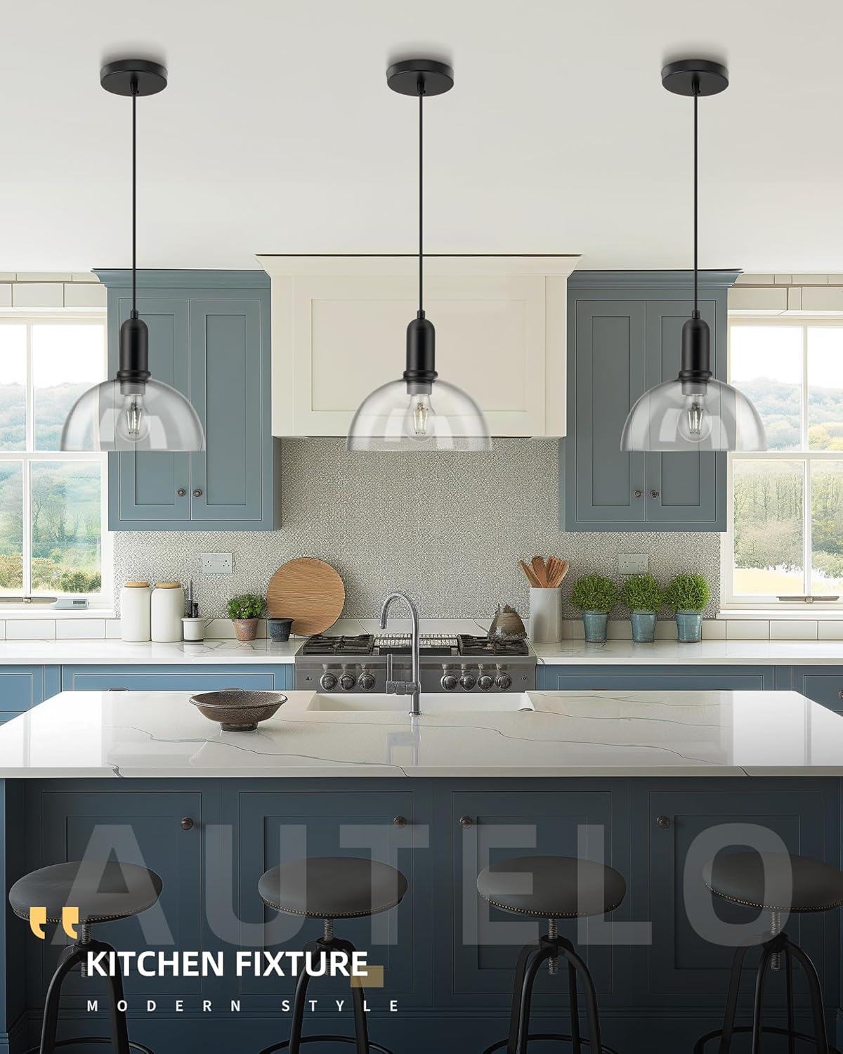 AUTELO Black Pendant Lights Kitchen Island, 10" Pendant Lights with Drum Clear Glass, Industrial Pendant Light Fixtures, Black Hanging Lamp for Kitchen Island, Dining Room H9166L CLBK