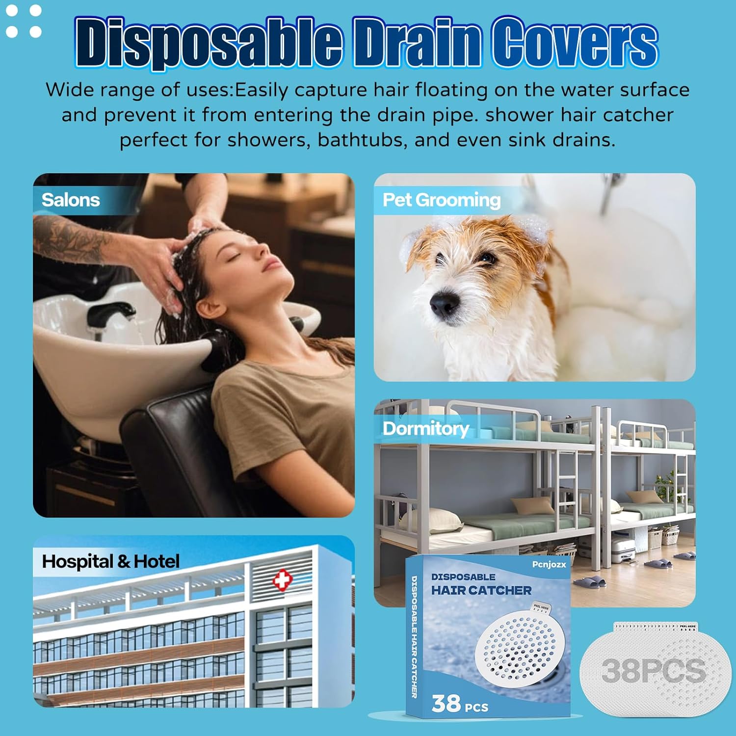 38 PCS Disposable Shower Drain Hair Catcher, Mesh Drain Covers Stickers, Peel & Stick Drain Strainers to Stop Clogs, Strong Adhesive Mesh Stickers for Bathtub, Bathroom, Kitchen Sink, Easy Peel Remove
