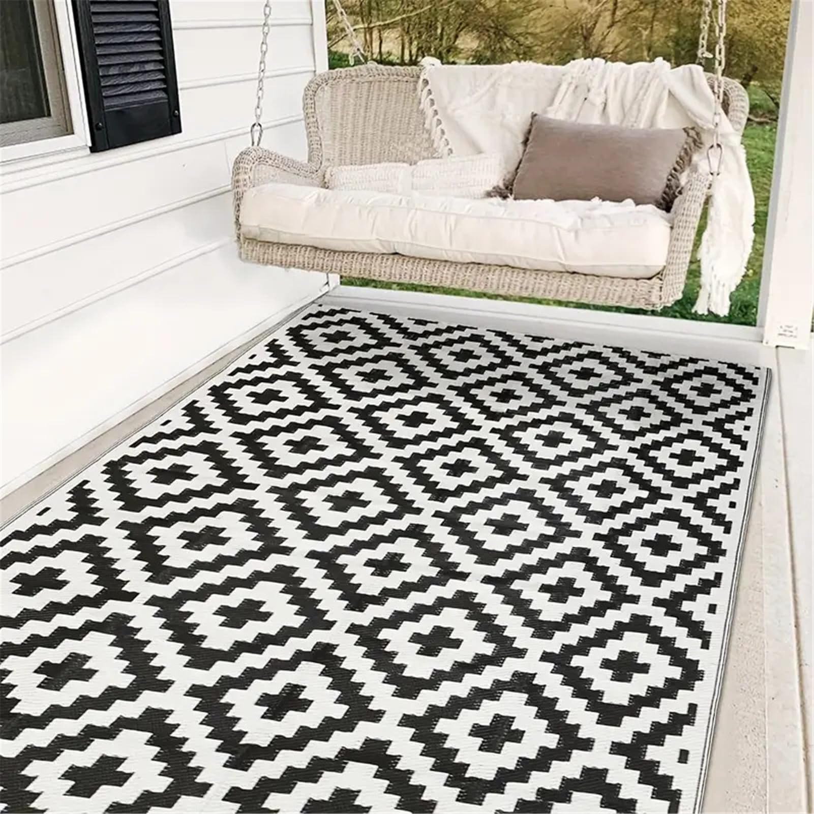 SLDAGe Outdoor Waterproof Rug for Gardens, Patio And Decking - Reversible Area Rug for Deck Balcony Porch Beach Plastic outside Carpet Eeometric Rv Mat,White,152×244cm