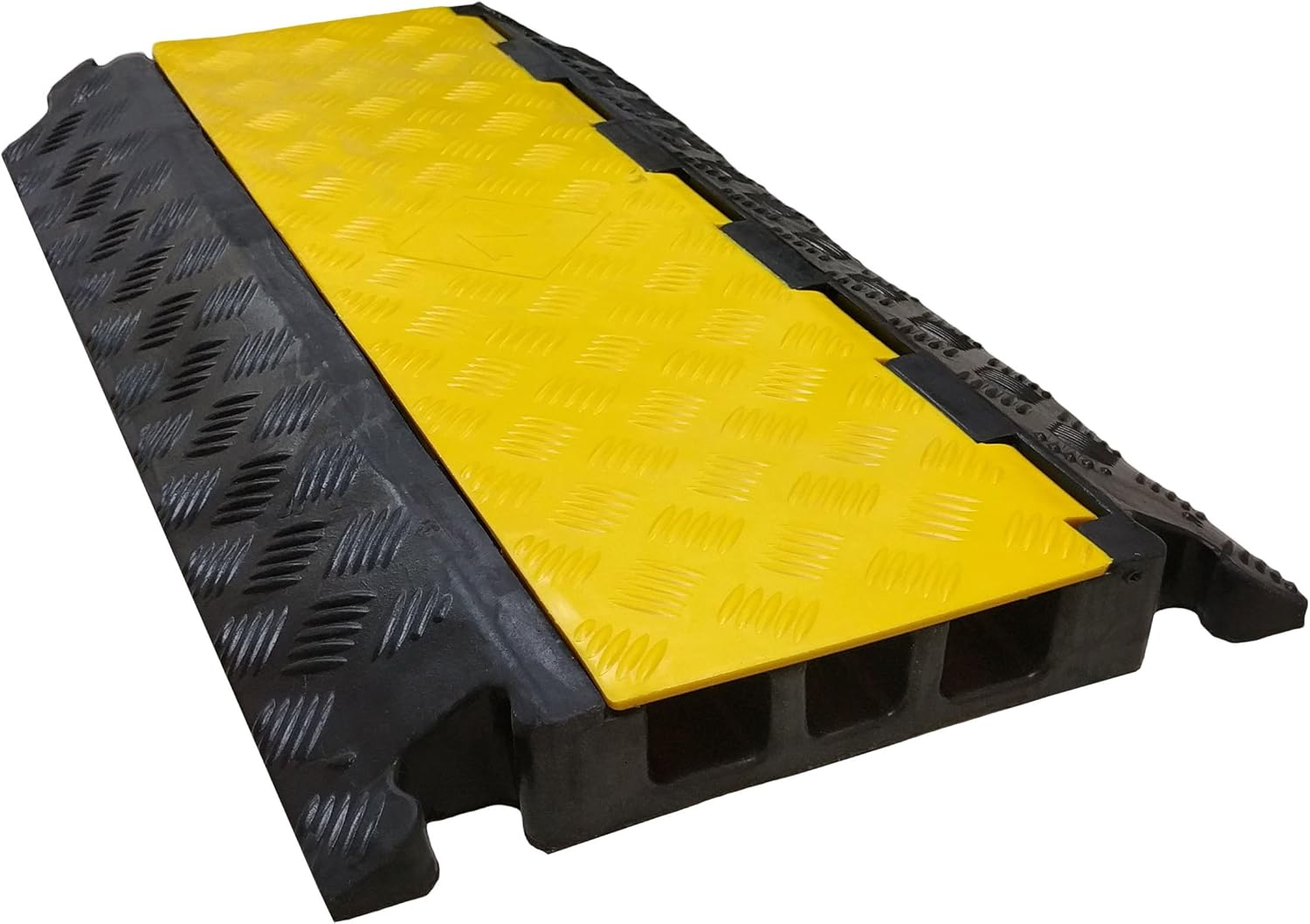 Electriduct Left Turn for Cable Protector 3 Channels 2" x 1.75" Traffic Hose and Wire Cover Rubber Black Base with Yellow Lid (45 Degree) 15,000 lbs/axle