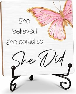 Graduation Decor Wood Sign Gifts, She Believed She Could Wood Block Gifts, 5x5 Inch Wood Sign Comes With Iron Stand, Perfect For Graduation Party Decoration Grad Gift, Set Of 1-B(02)