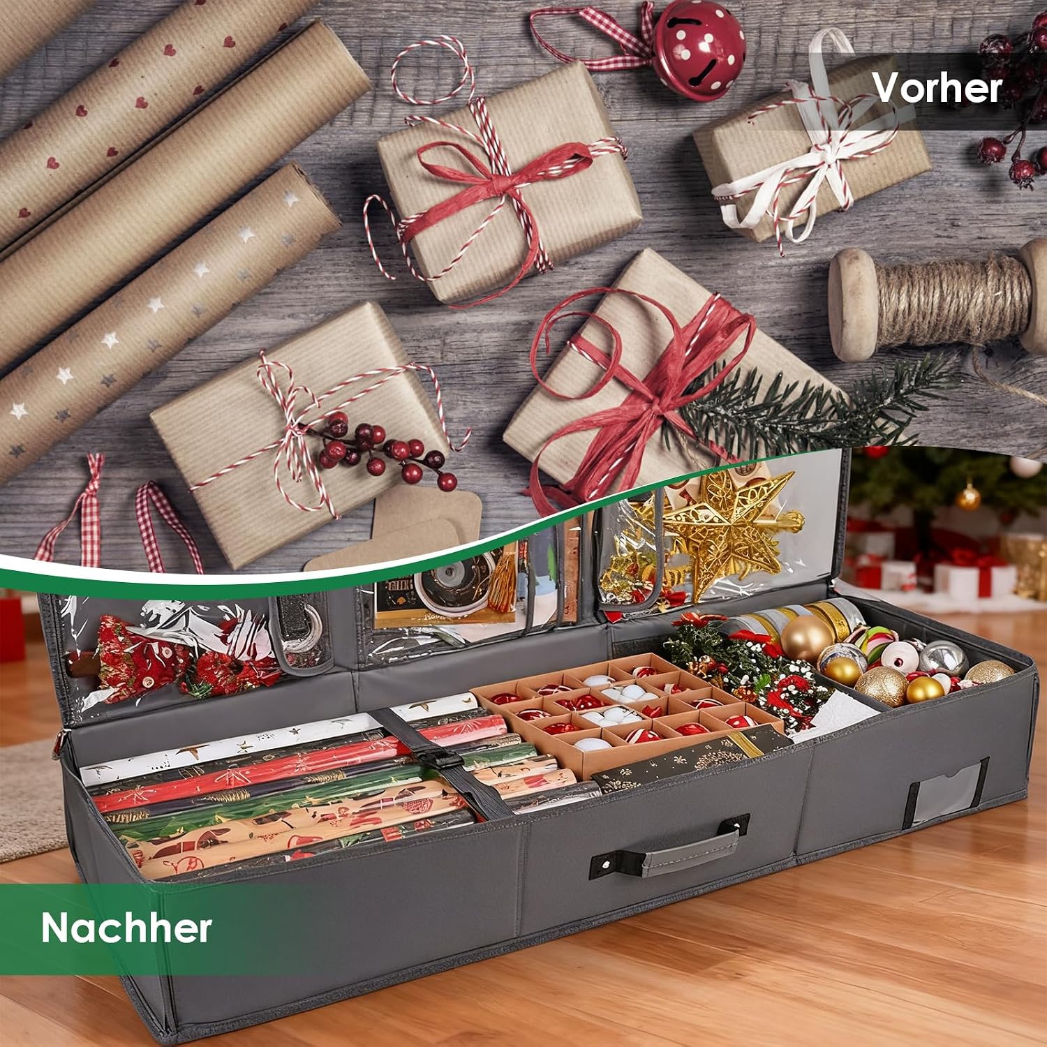 Gift Paper Storage, GuKKK Wrapping Paper Organiser, Waterproof 600D Oxford Fabric Wrapping Paper Storage Organiser, Storage Wrapping Paper Rolls with 3 Compartments (Black) image 4