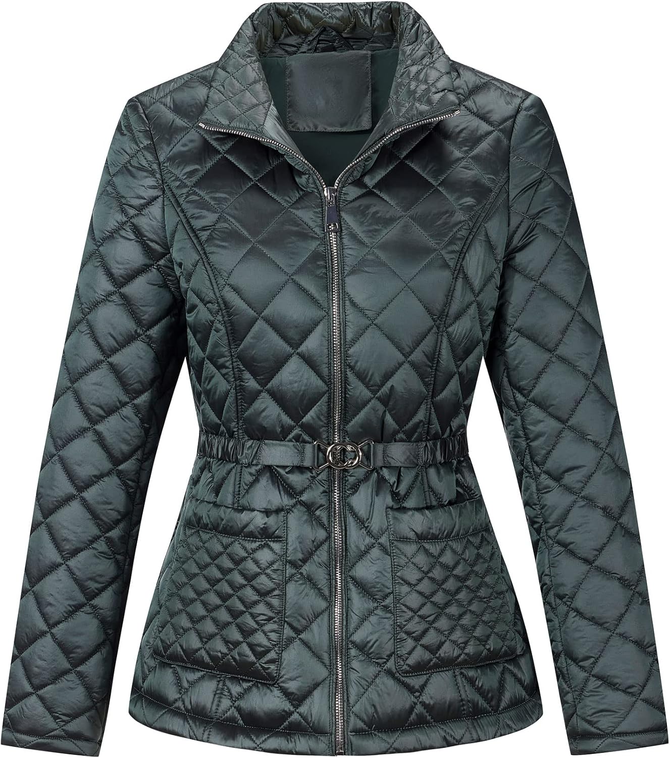 Bellivera Women Lightweight Coat Short Quilted Puffer Long Sleeve Belted Jacket Pockets