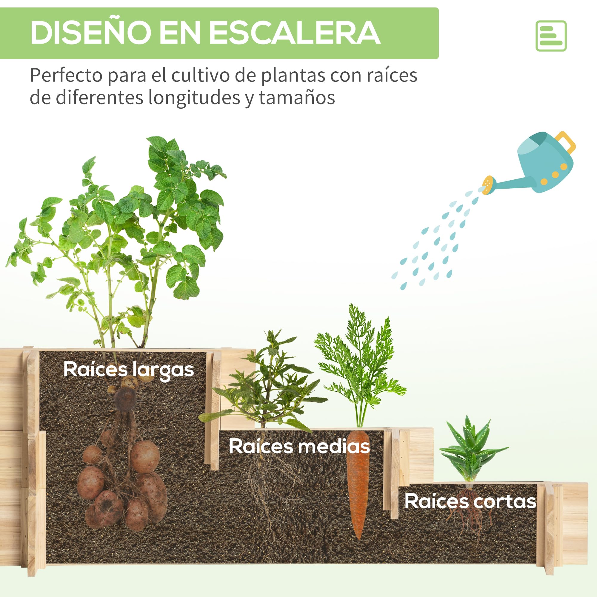Outsunny Jardinera de Madera Elevada de 3 Niveles Jardinera Exterior Grande con Diseño de Escalera y Tela no Tejida Huerto Urbano para Cultivos Plantas Flores para Patio Terraza 93x93x35 cm Natural