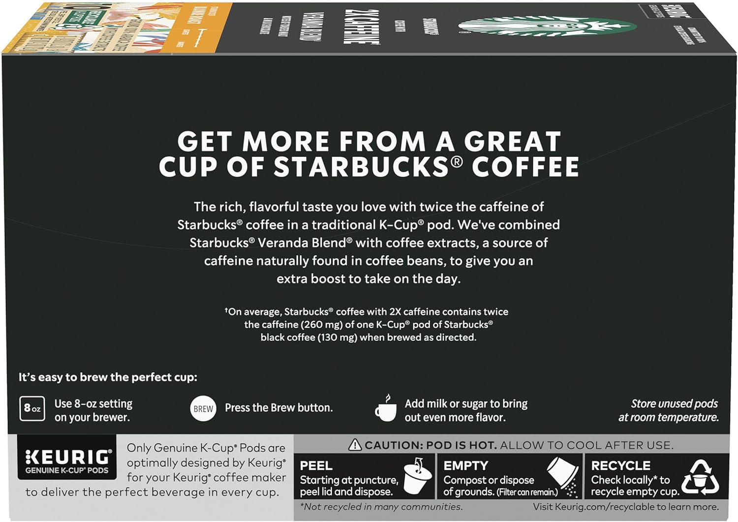 Starbucks K-Cup Coffee Pods, Starbucks Blonde Roast With 2X Caffeine, Hot or Iced Coffee, Veranda Blend, 10 Keurig Pods