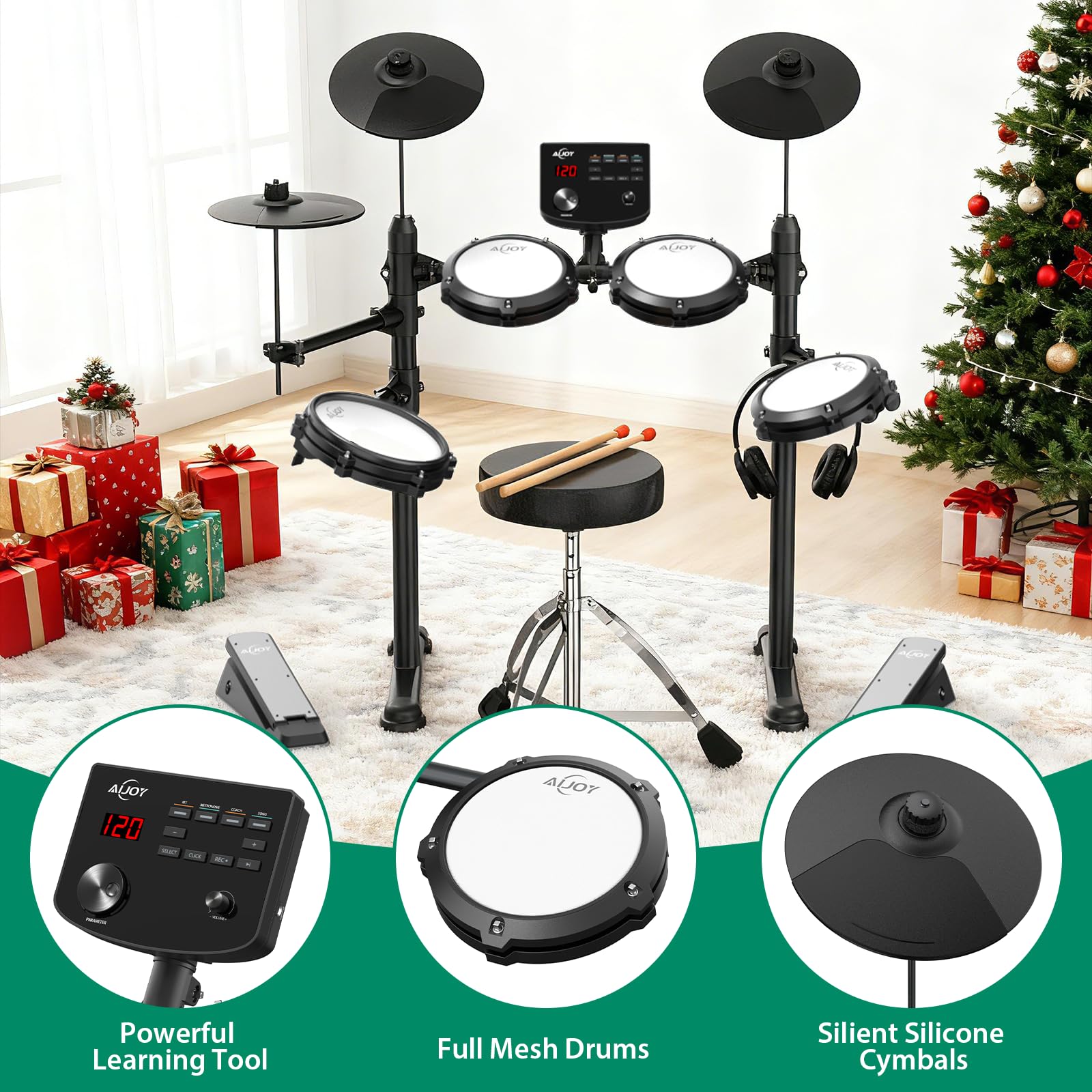 AiJoy Elektrisches Schlagzeug-Set für Anfänger – 4 leise Mesh-Pads, Dual Zone Snare, 15 Schlagzeug-Kits & 200+ Sounds, 9,5-Zoll-Becken, inklusive Thron, Sticks & Kopfhörer, perfektes Kit zum Üben
