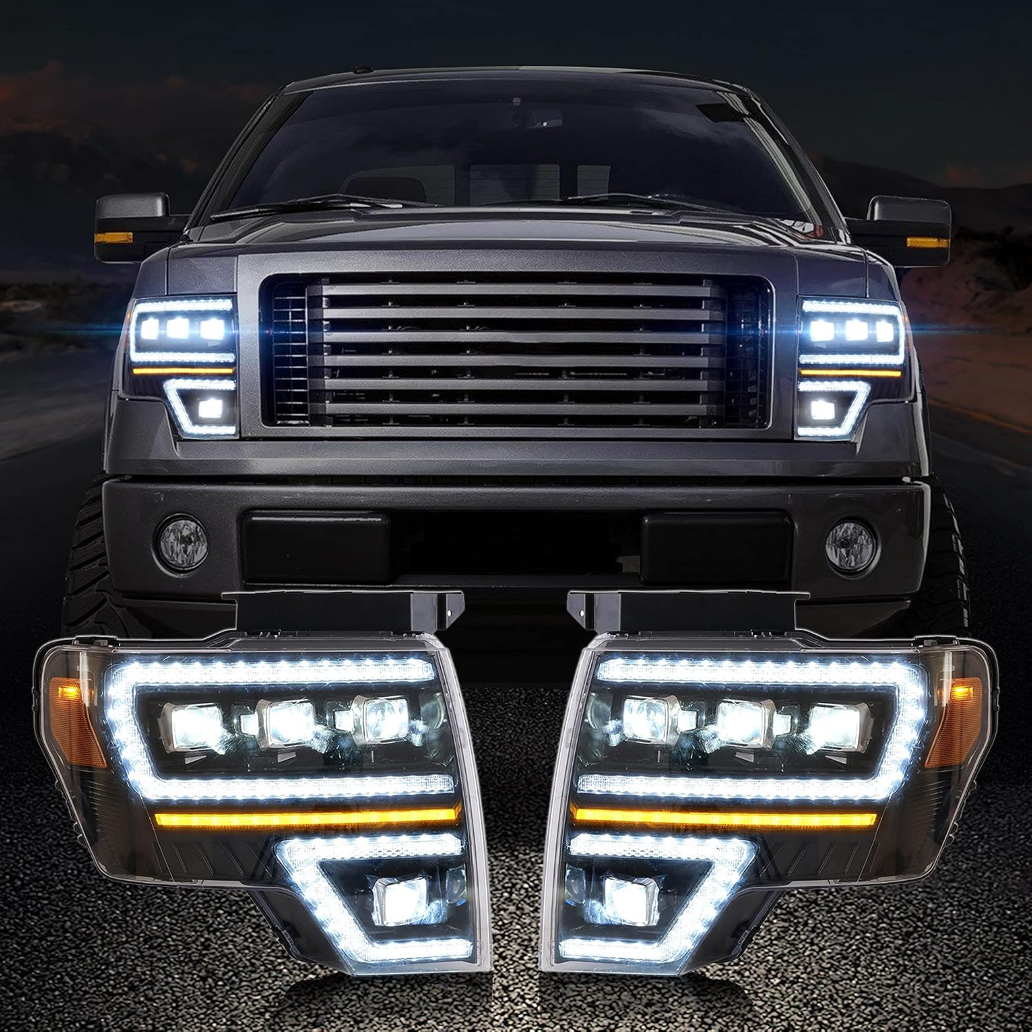 VLAND LED Projector Headlights Compatible For [2009-2014 Ford F150 XL, STX, XLT, FX2, Lariat, FX4, King Ranch,SVT Raptor, Platinum] W/Sequential turn + Welcome/Breathe Dynamic DRL