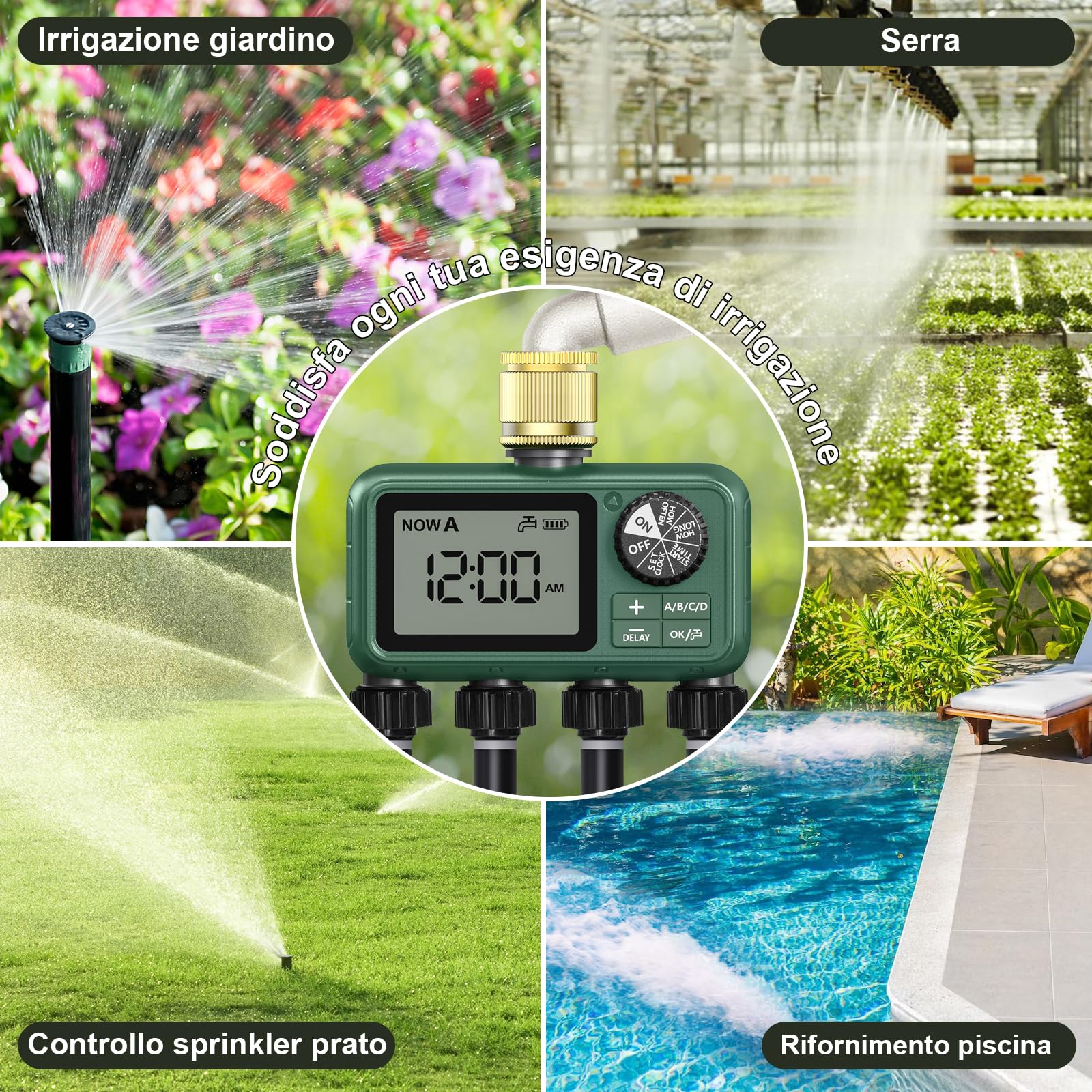 Centralina Irrigazione 4 Vie con Ingresso in Ottone, Grande Display LCD, Computer Giardino Irrigazione Timer, Timer Irrigazione Automatica con Ritardo Pioggia per Automatica e Manuale per Prato