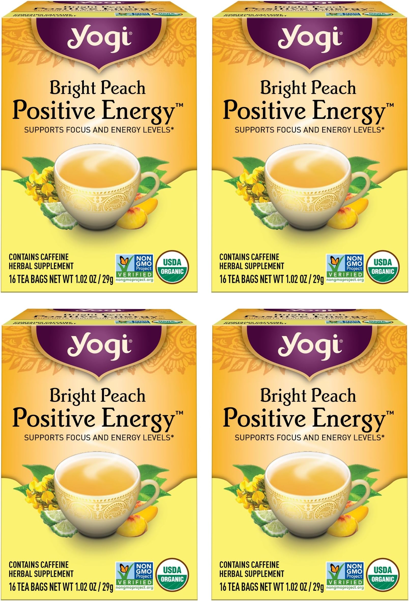 Yogi Tea - Peach Bergamot Bright Day Tea (4 Pack) - Supports Elevated Mood and Energy Levels - With Oolong and Green Tea Extract - Contains Caffeine - 64 Organic Tea Bags