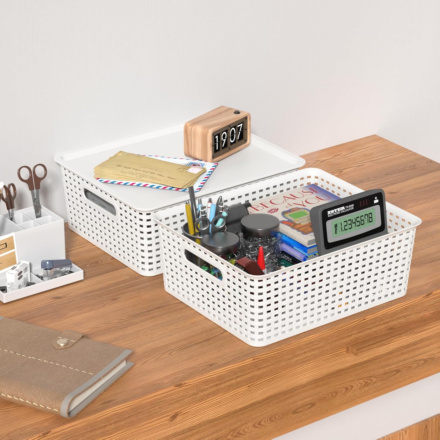 Hespama 6-Pack Plastic Weave Storage Basket with Lid, Stackable Organizer Basket, White