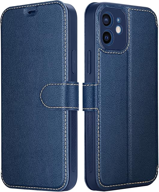 ELESNOW Case for iPhone 12-6.1", Premium Leather Wallet Flip Case Cover Magnetic Closure Compatible with Apple iPhone 12 (Blue)