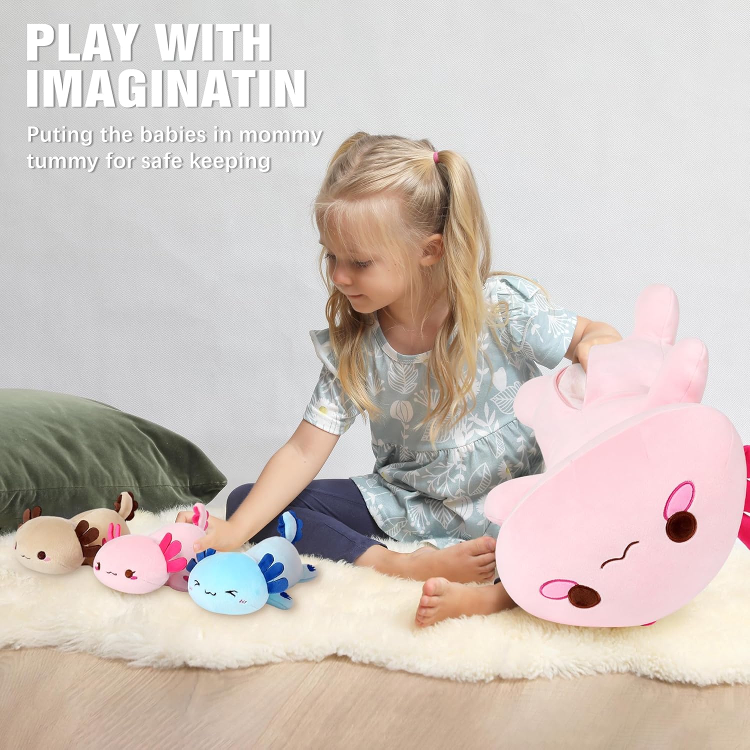 Onsoyours Axolotl Stuffed Animal Mommy 19.7" with 3 Baby Axolotl Plushies in Tummy, 4 Piece of Cute Axolotl Plush Pillow Toys for Kids Girls Boys (Pink Axolotl Family)
