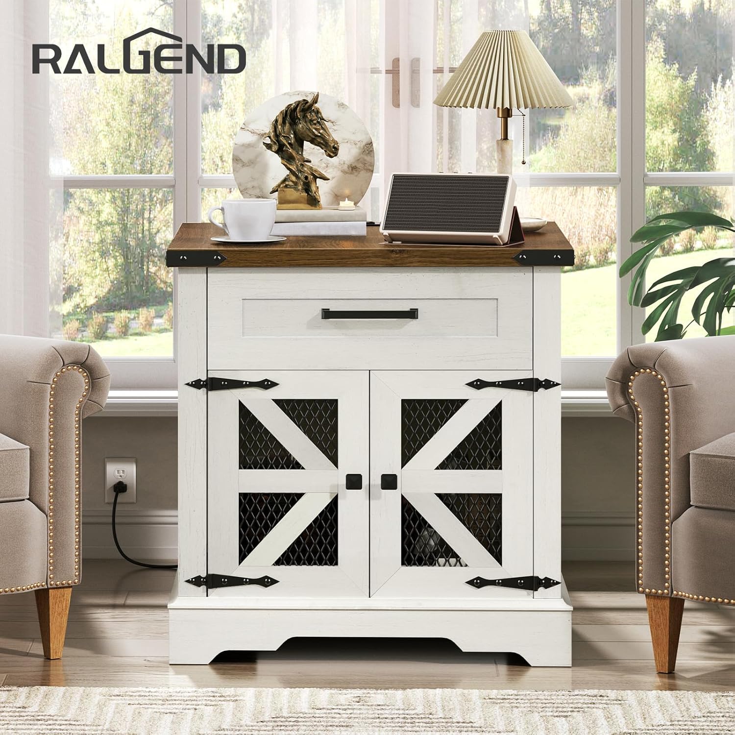 RALGEND White Farmhouse End Table with Charging Station, 24" Large Sofa Side Table with Drawer, Large End Table for Living Room, Wooden Nightstand with Outlet, Square, White and Walnut