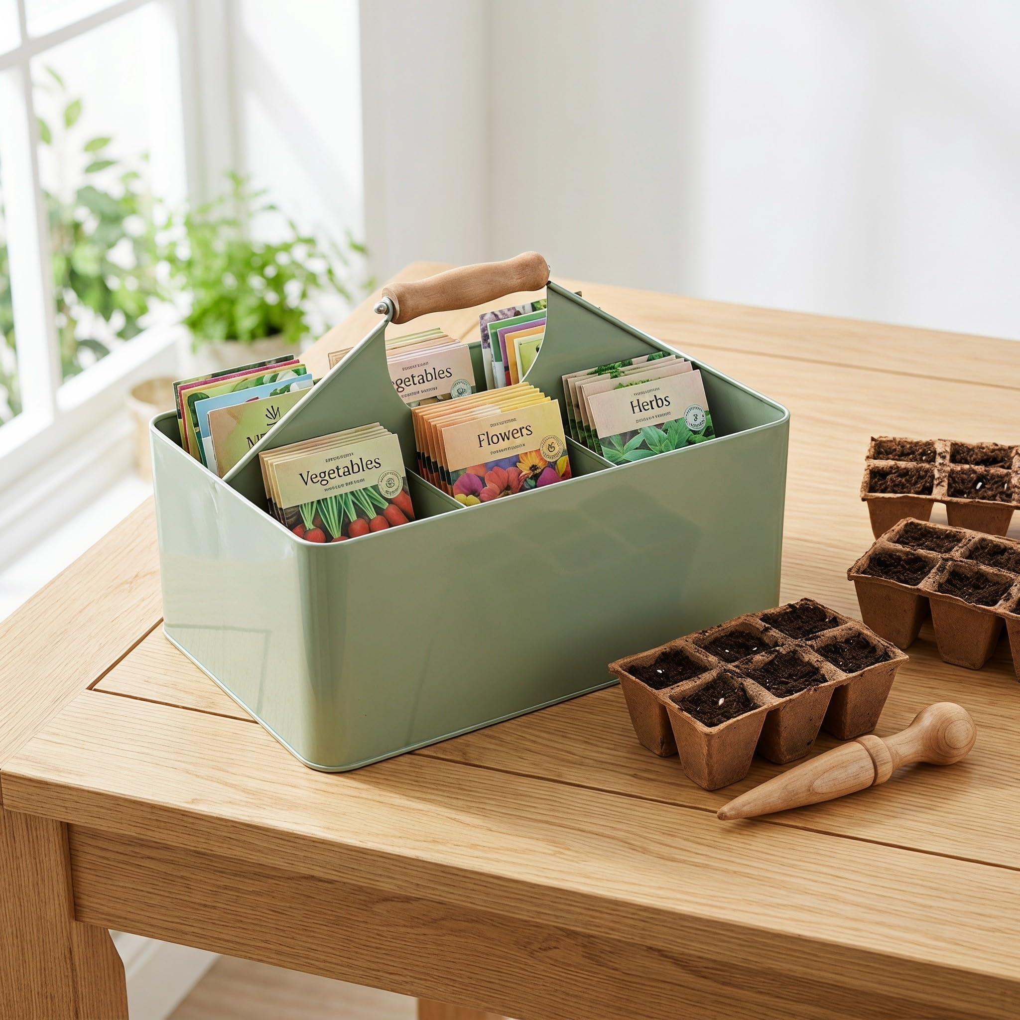 TOYANDONA Caja de Almacenamiento para Semillas de Jardinería de Hierro con 4 Compartimentos y Asa, Fácil de Limpiar, Adecuado para Balcones y Alféizares, Color Verde, Tamaño 29.5x22.6x20 Cm