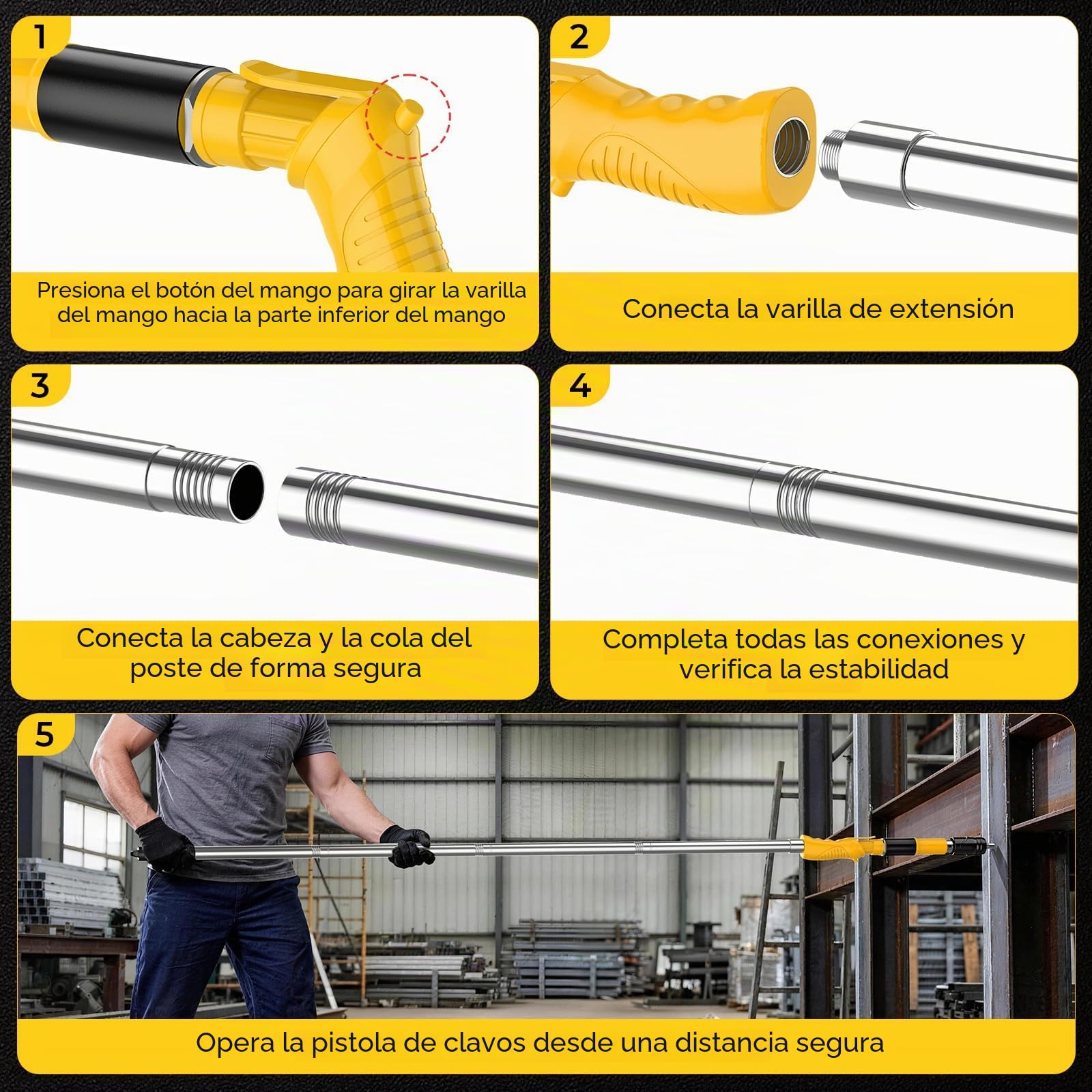 Pistola de Clavos, 5 Modos Ajustables y Mango Giratorio con Varilla de Extensión, Clavadora Hormigon para Reparaciones y Pistola Clavos para Entusiastas del Bricolaje