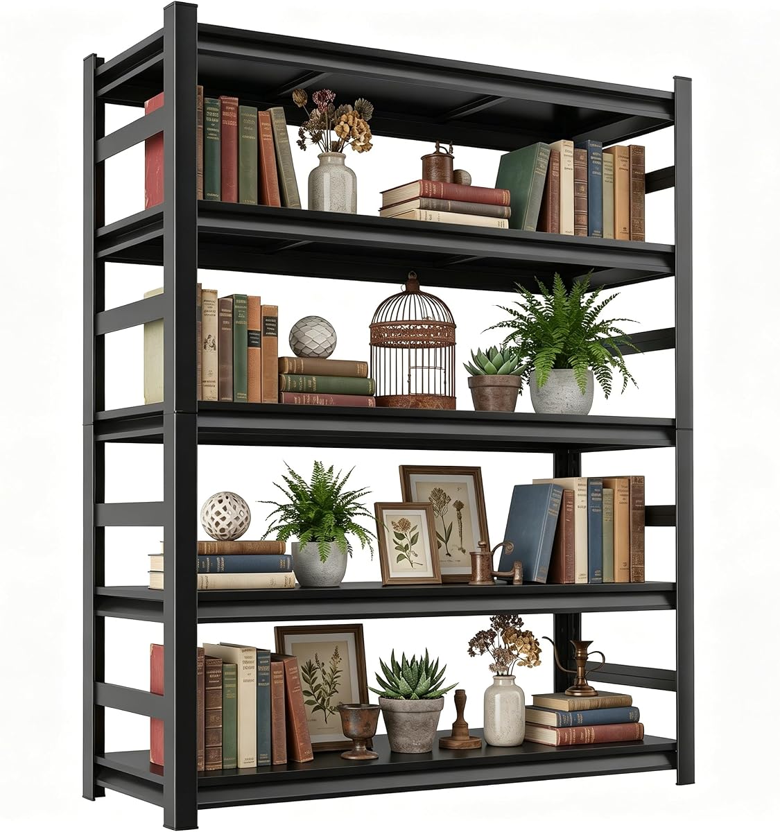 5 Tier Metal Book Shelf, Adjustable Tall Bookcase with Anti-Drop Fence | 72" H Heavy Duty 3000 LBS Modern Deep Bookshelf, Bolt-Free Storage Shelves for Living Room, Home Office, Garage