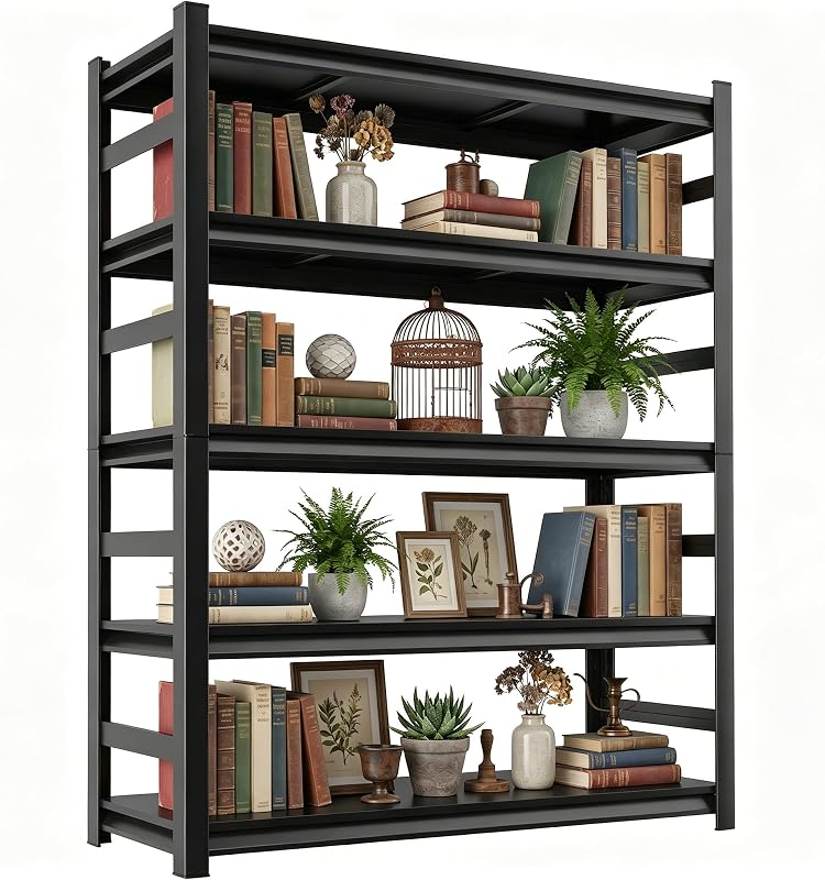 5 Tier Metal Book Shelf, Adjustable Tall Bookcase with Anti-Drop Fence | 72" H Heavy Duty 3000 LBS Modern Deep Bookshelf, Bolt-Free Storage Shelves for Living Room, Home Office, Garage