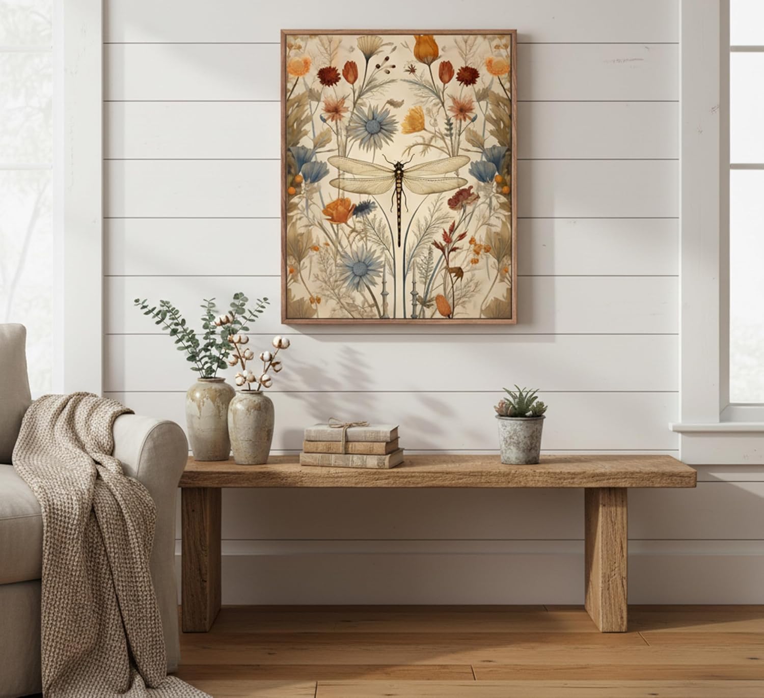 Framed Vintage Dragonfly Canvas Wall Art Whimsical Botanical Floral Picture Elegant Mid Century Natural Poster Prints Eclectic Insect Aesthetic Painting Wall Decor for Living Room Bedroom 12x16in