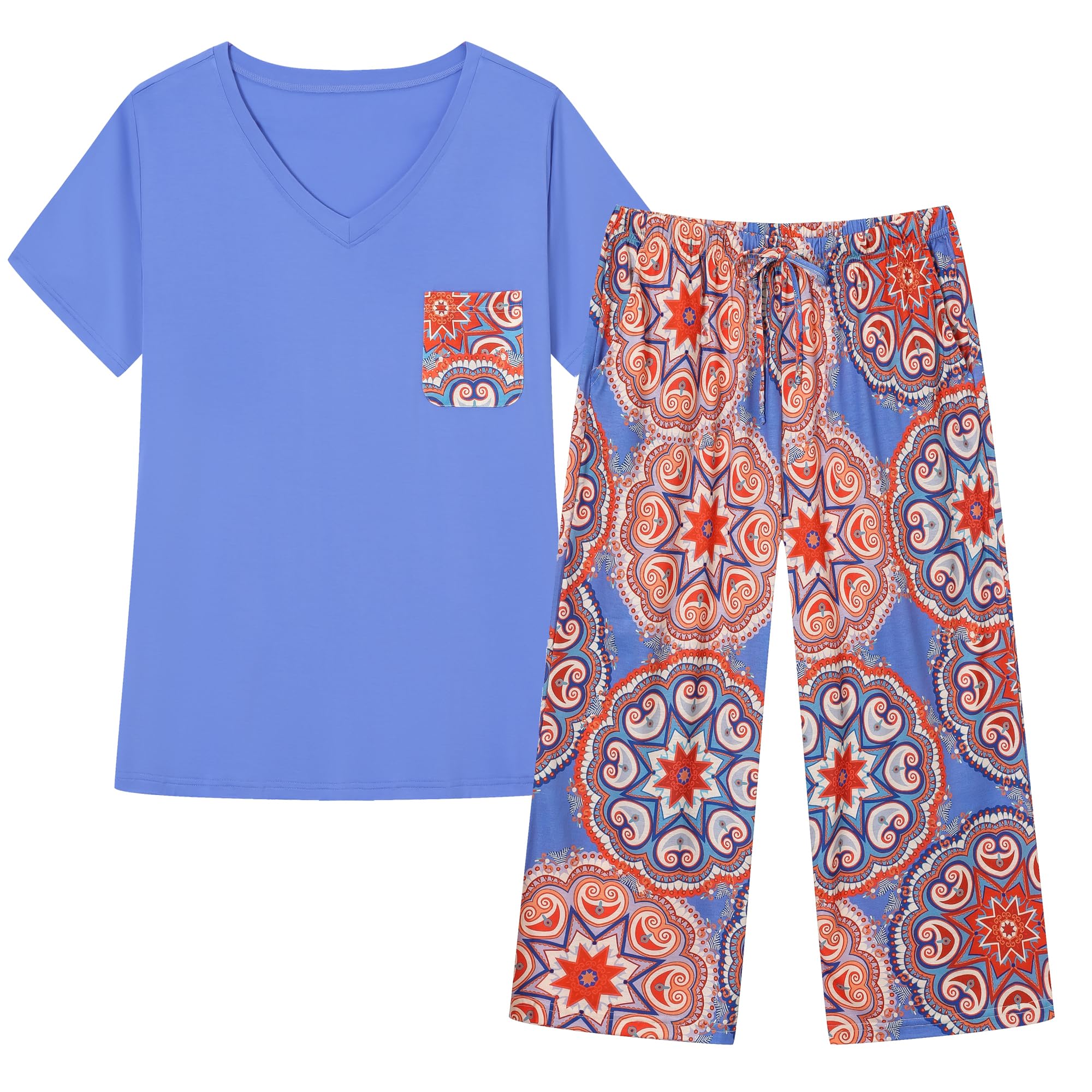 SWOMOG Womens Plus Size Pajama Set Short Sleeve Sleepwear Top and Capri Pjs 2 Pcs Lounge Sets with Pockets