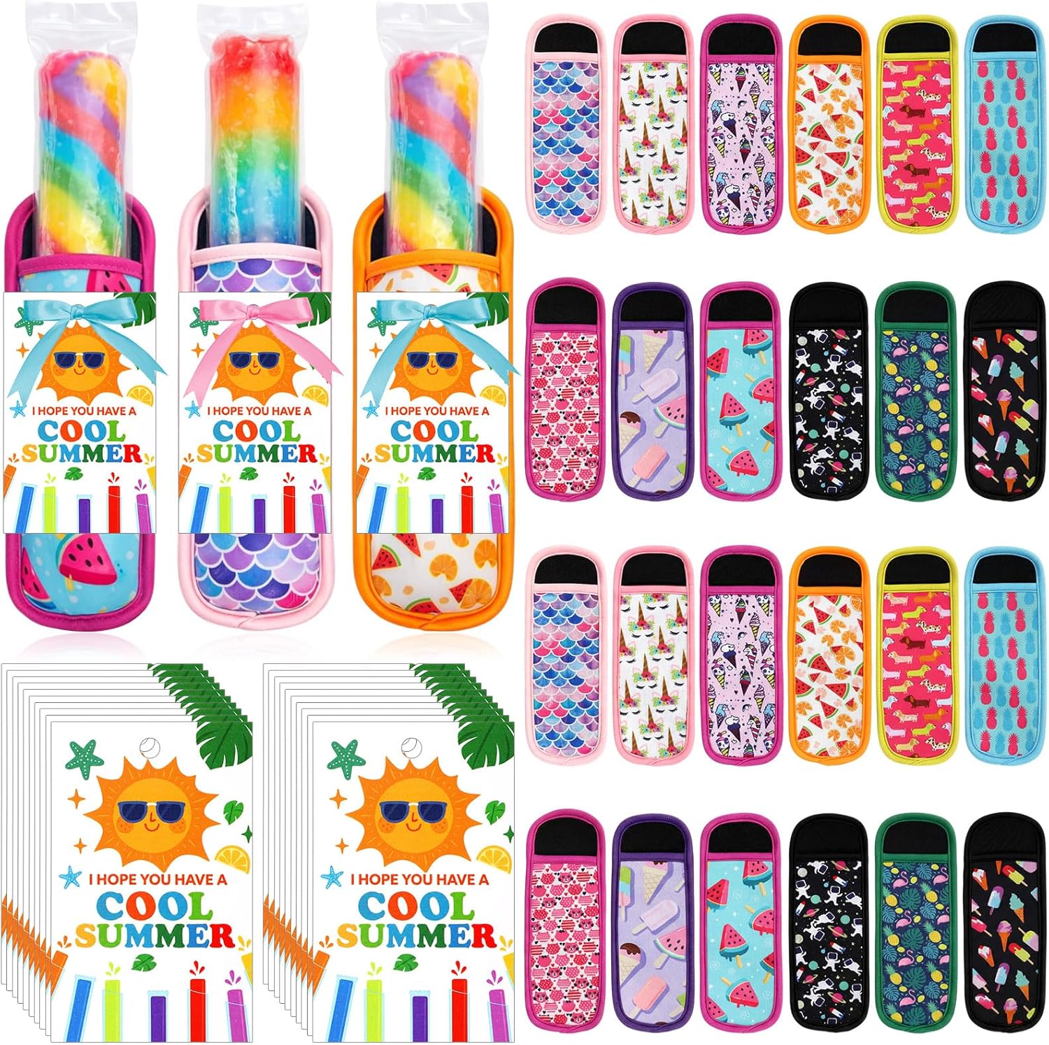 Hushee 24 Sets Reusable Ice Pop Sleeves with Gift Cards & Ribbon Neoprene Pop Sleeves Holders for Summer Treats, Party Favors, Events & Giveaways, 12 Pattern
