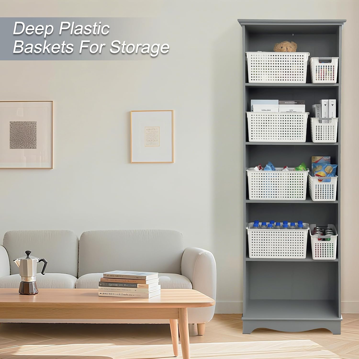 Soddeph Slim Plastic Storage Basket with Handles, Narrow Organizer box for Shelves, Organizer box for Organizing, Kitchen,Home,Office (White, Medium)