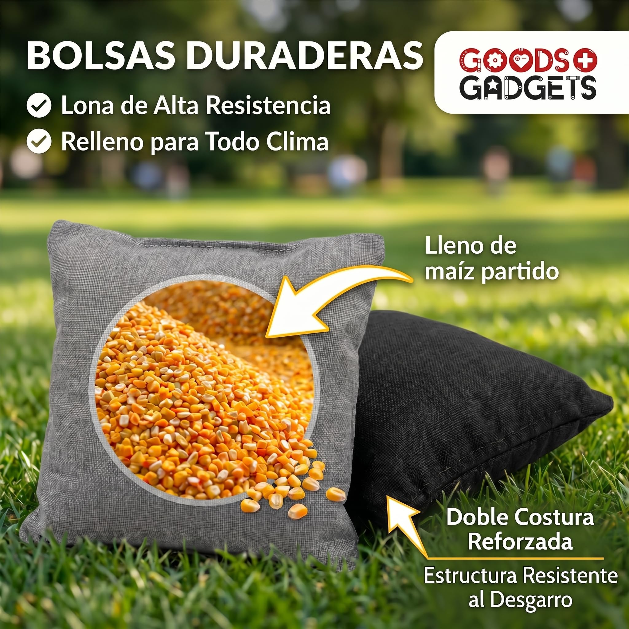 GOODS+GADGETS® Cornhole XXL Set - Juego de Sacos Jardín | 8 sacos de arena extragrandes - plegable y listo para jugar - interior y exterior para toda la familia