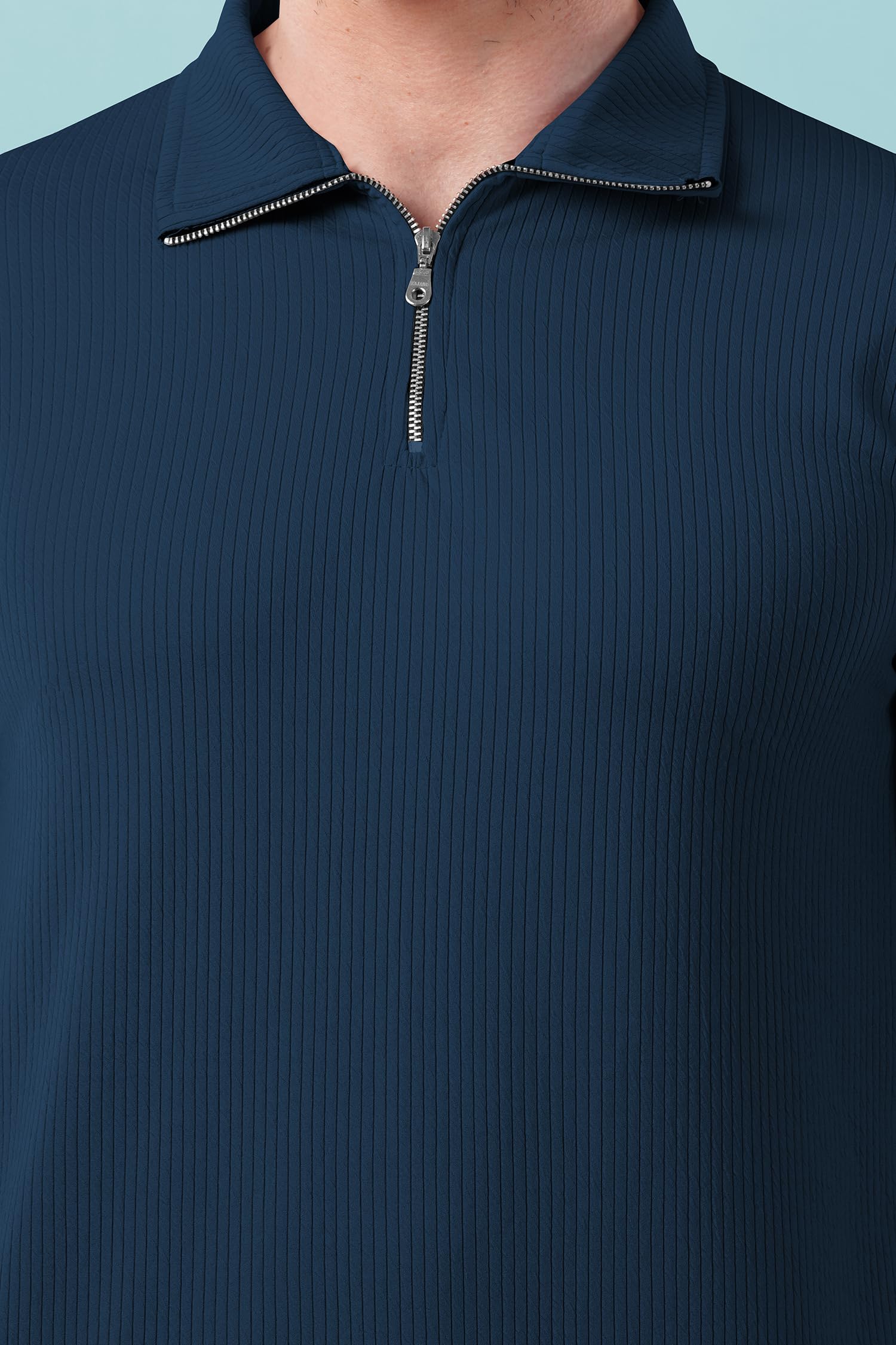 KAJARU Men's Quarter Zip Pullover T-Shirt, Cable Knit Pattern, Full Sleeve (in, Alpha, L, Airforce) - Image 3 thumbnail
