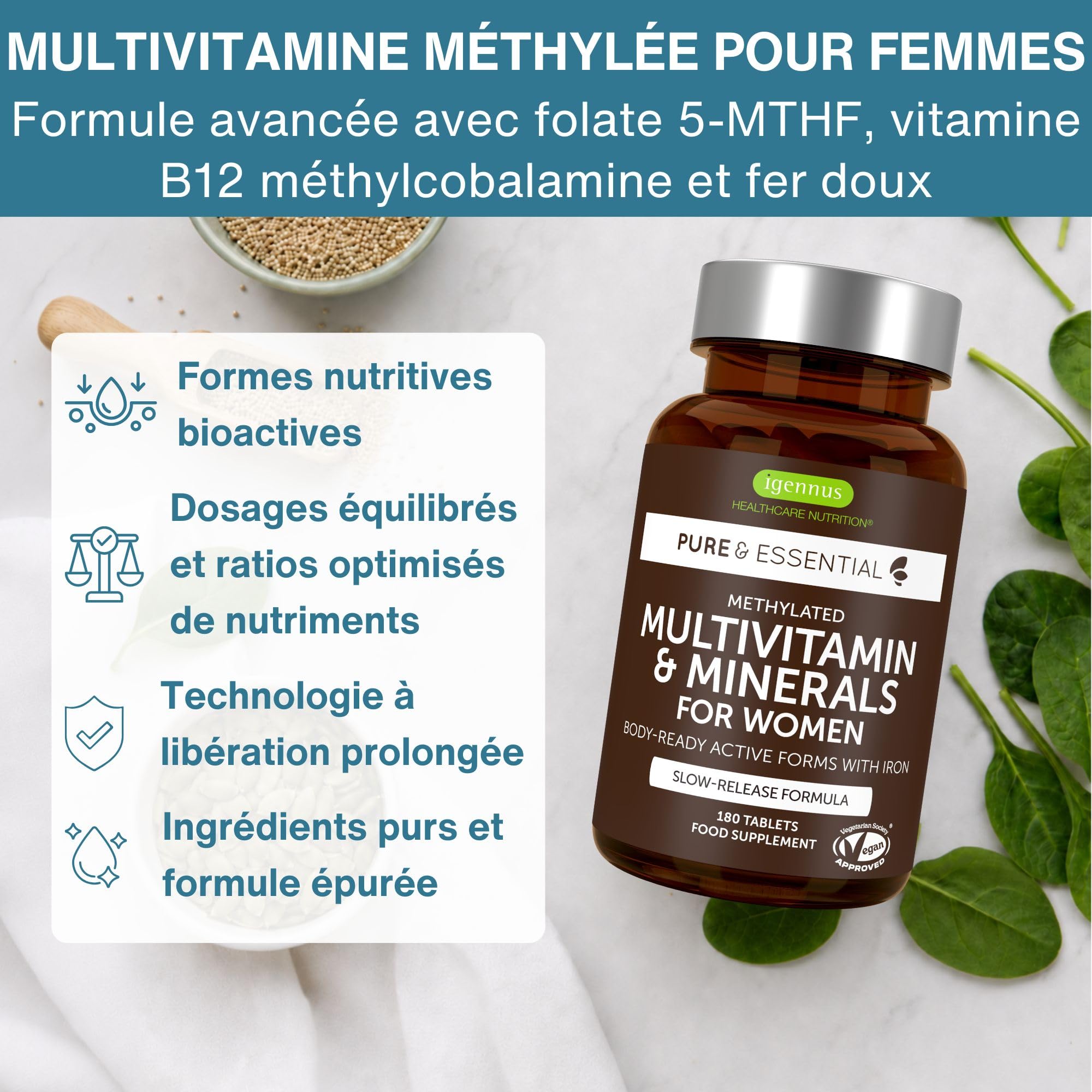 Multivitamines et Minéraux pour Femmes, Vitamines Méthylées & Bioactives, avec Fer Bisglycinate 14 mg, Libération Lente, Clean Label & 100% Vegan, 180 comprimés – par Igennus