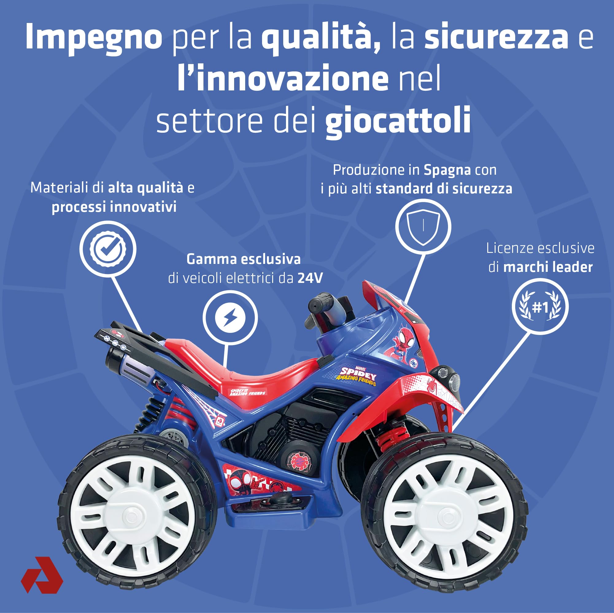INJUSA - Quad Elettrico The Beast Spidey per Bambini 2-4 Anni, Batteria 12V, Pedale Acceleratore, Freno Elettrico, Retromarcia, Ruote Larghe in Plastica, Velocità 5-6 km/h, Blu