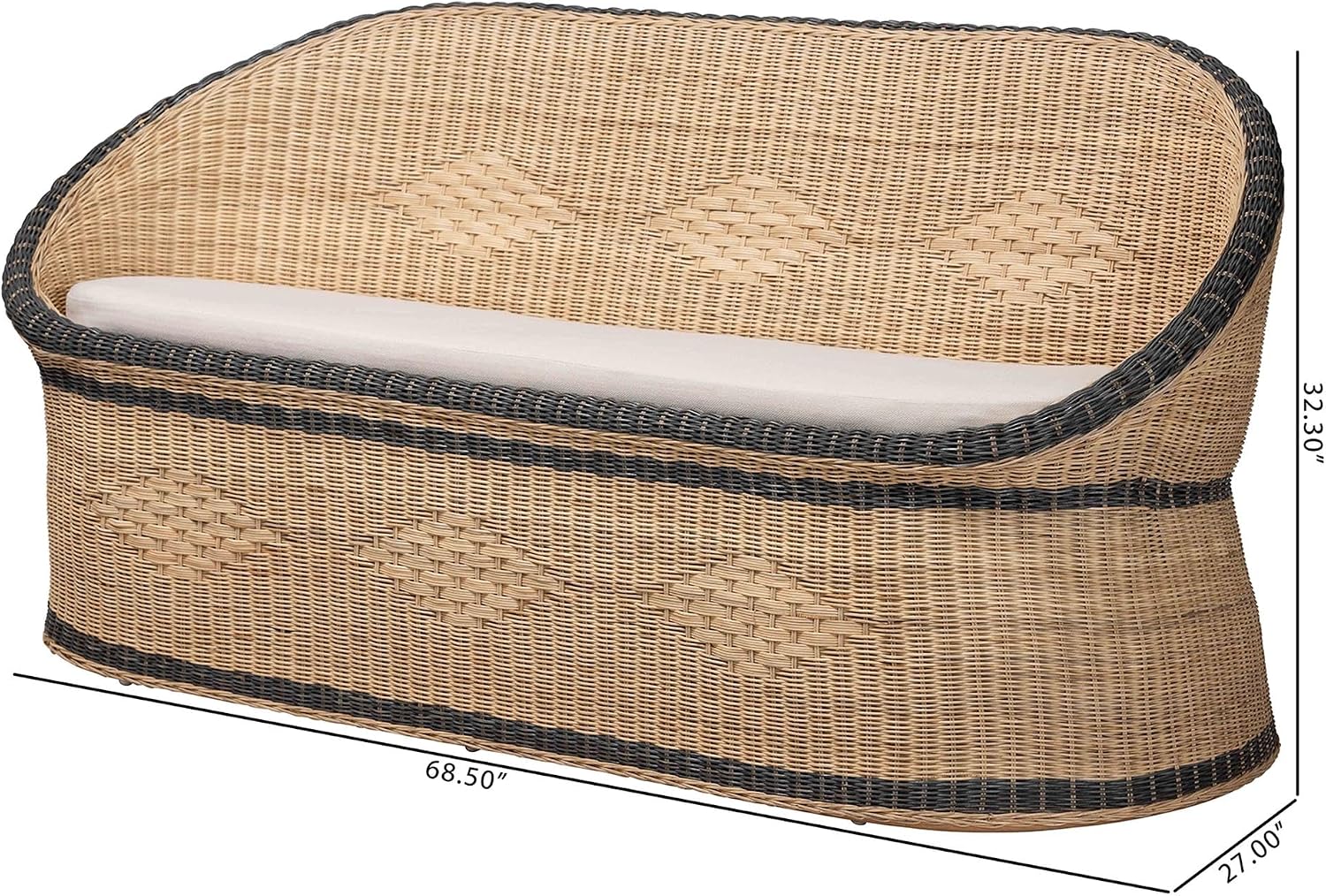 Bali & pari Emiliana Natural Rattan Loveseat - Handwoven Wicker Sofa with Two-Tone Woven Detailing and Cushion, Boho Coastal Seating for Living Room or Sunroom