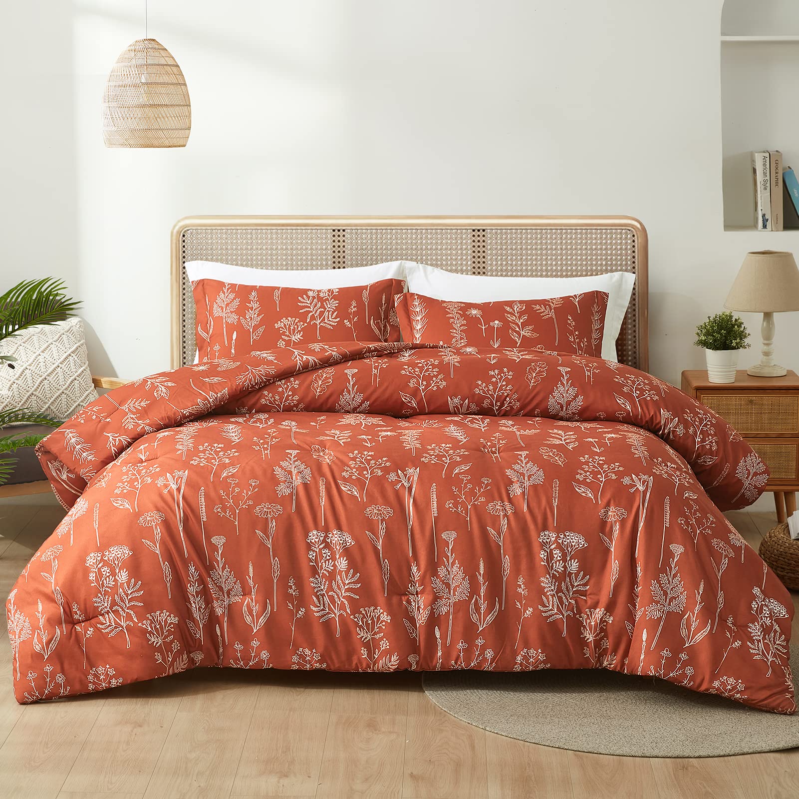 Maple&Stone Queen Floral Comforter Set, Terracotta Bedding Set 3pcs Soft and Durable Microfiber with Elegant Plant Flowers Print Bedding Comforter Sets - Includes 2 Pillowcases