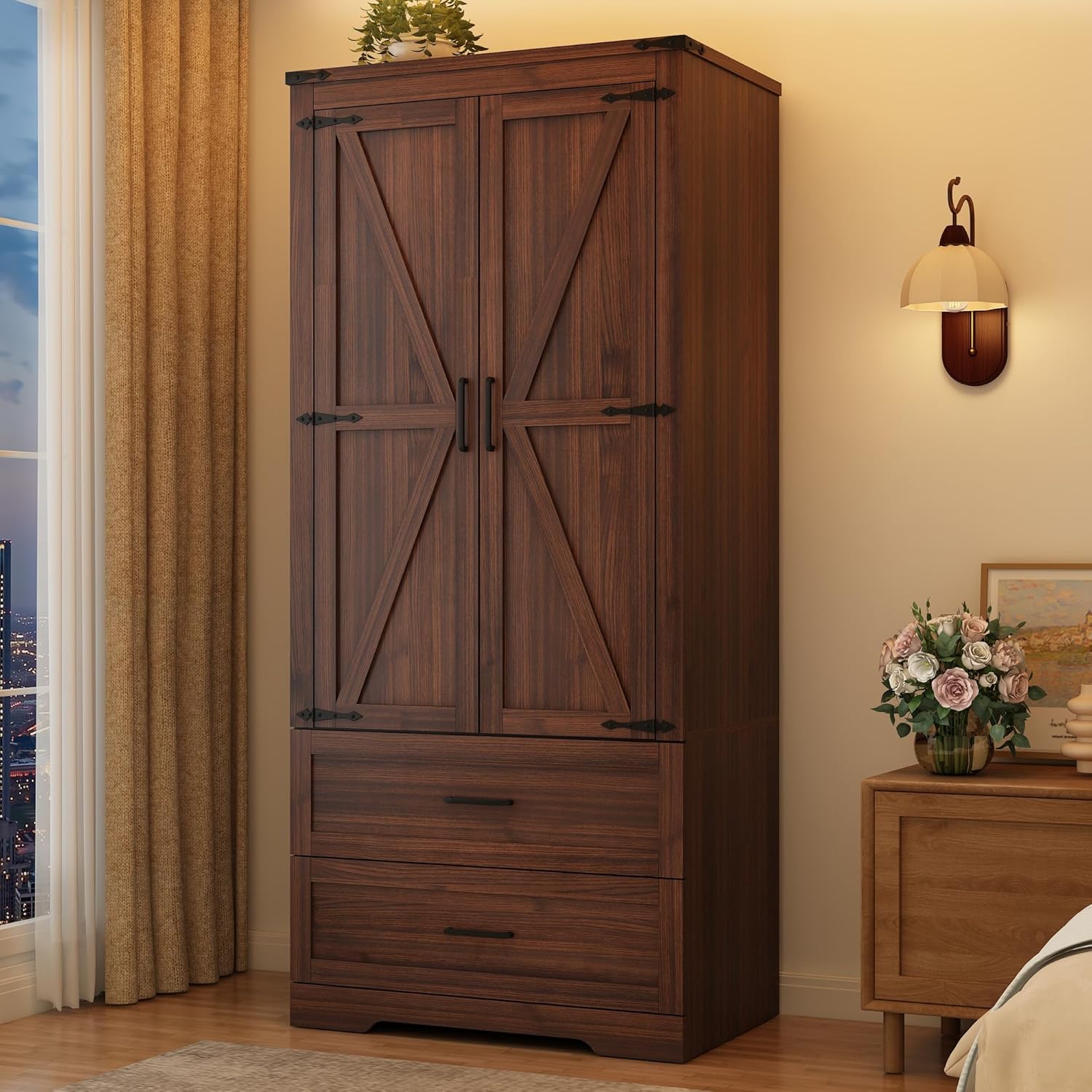 St.Mandyu Farmhouse Wardrobe Armoire Closet with 2 Doors and 2 Drawers, 70.1" Wooden Clothing Storage Cabinet, Freestanding Large Capacity Storage Wardrobe Armoire with Hanging Rod for Bedroom, Brown