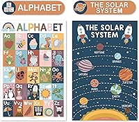 Vista 4 de Hadley Designs 4 carteles del alfabeto, mapa de Estados Unidos, mapa del mundo y sistema solar, gráficos ABC laminados para decoración de pared