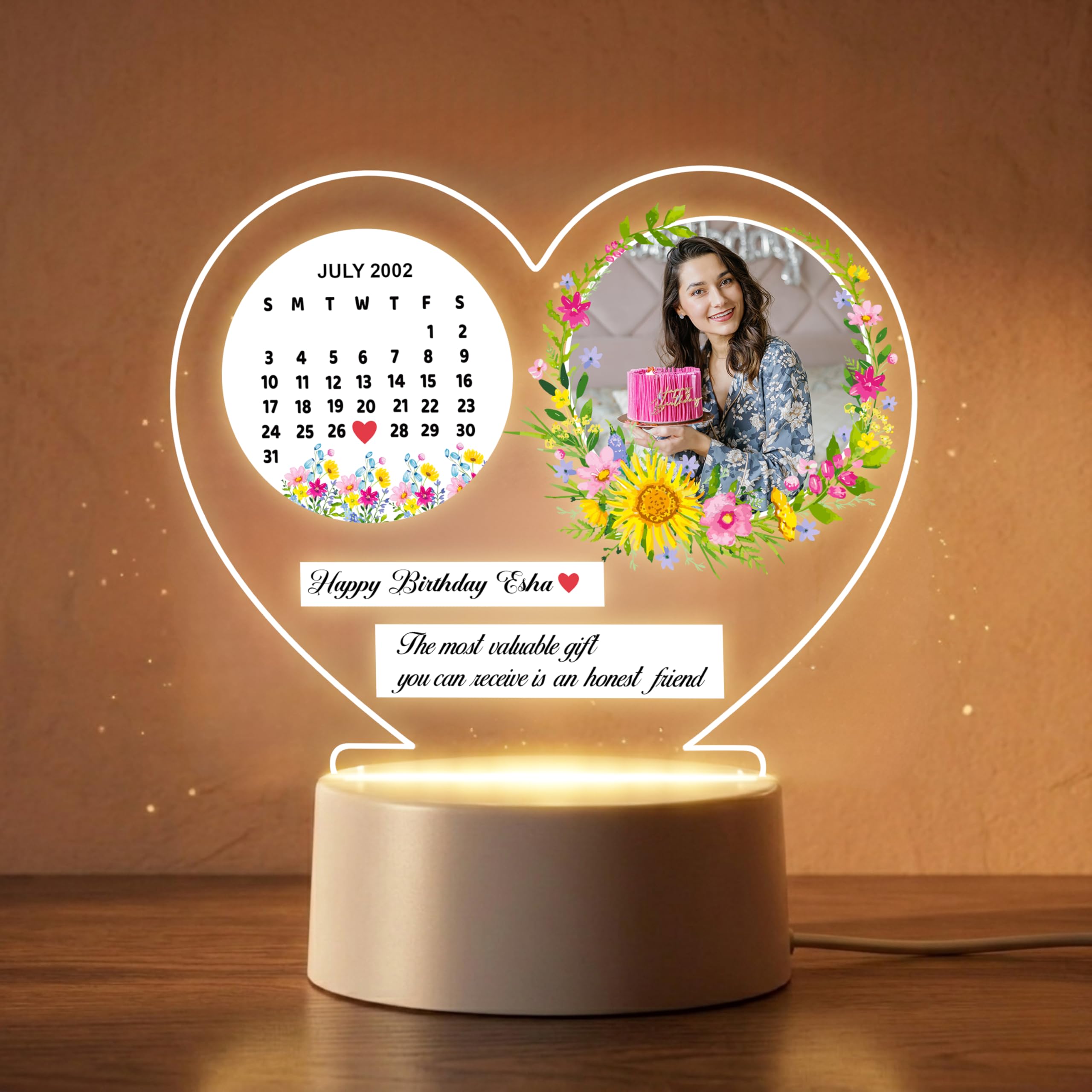 Personalized Birthday Calendar LED Photo Lamp | Custom Acrylic Night Light with Date | Gift for Her Friend Sister | Bedroom Decor USB Powered Warm Glow Table Lamp |(5.5x5.5) Inch-picture-38