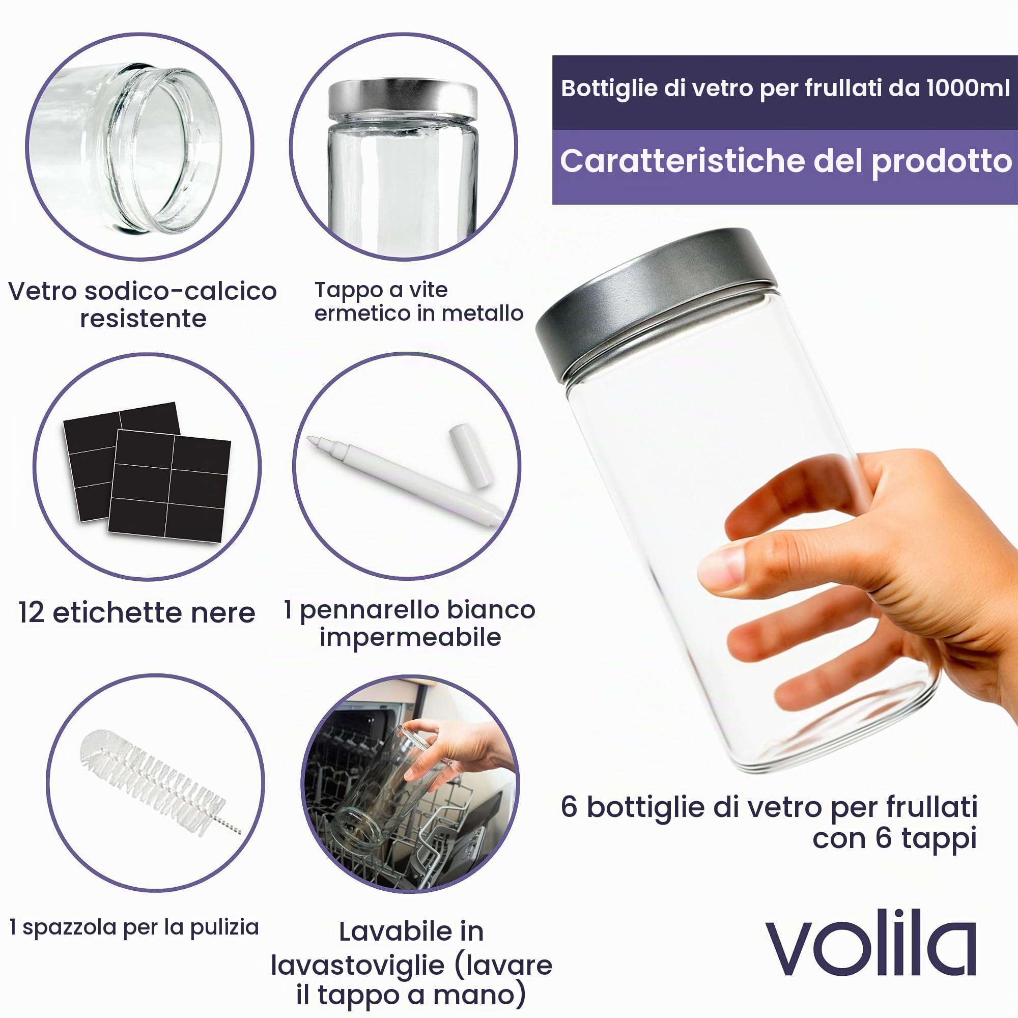 Vaso Vetro con Coperchio 1000 ml - Confezione da 6, Bottiglie di Vetro a Tenuta Stagna con Coperchi per Chiusura Ermetica, Bottiglia Ideale per Frullati, Milkshake, Salse, Conservazione di Alimenti, S