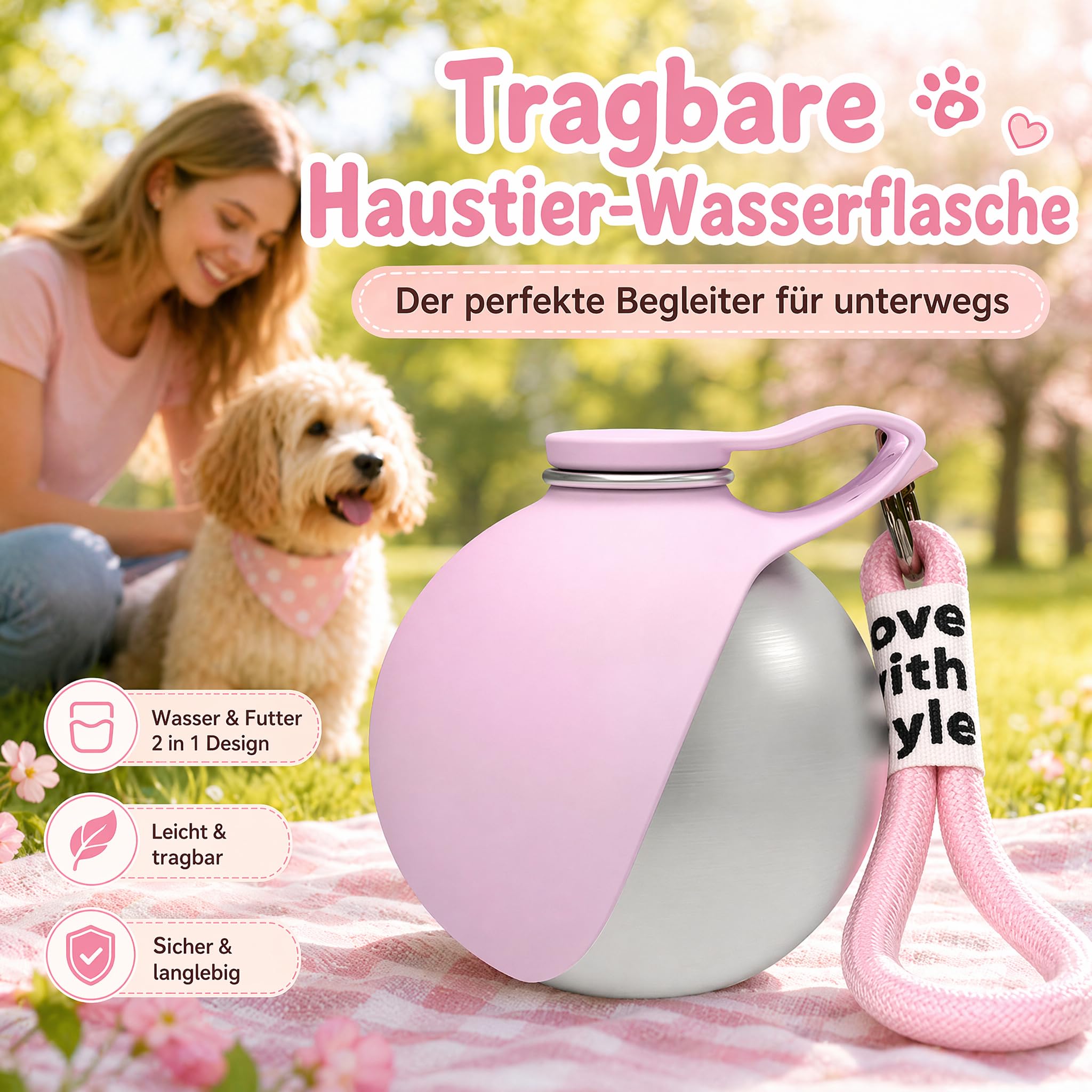 Trinkflasche Hunde für Unterwegs, 285ml Edelstahl Hunde Trinkflasche to Go, Hundetrinkflasche für Unterwegs, Auslaufsichere Wasserflasche mit Faltbarem Silikonnapf für Klein Hund Katzen Reise Camping
