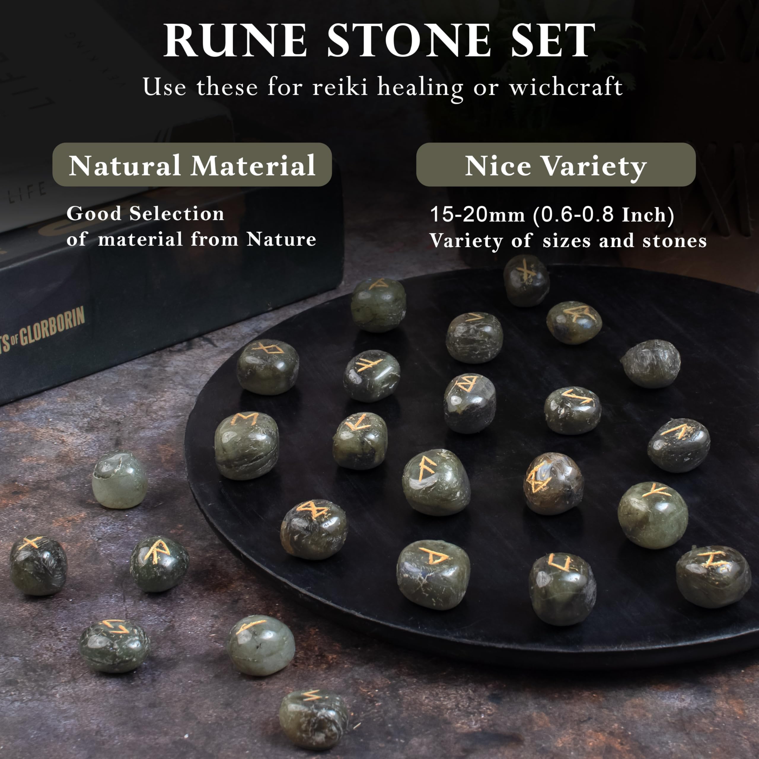 Crocon Labradorite Gemstone Elder Futhark Alphabet Engraved Symbol Rune Stones 25 pcs Set Feng Shui Chakra Balancing Reiki Crystal Healing Spiritual Decor Size: 15-20 mm 3