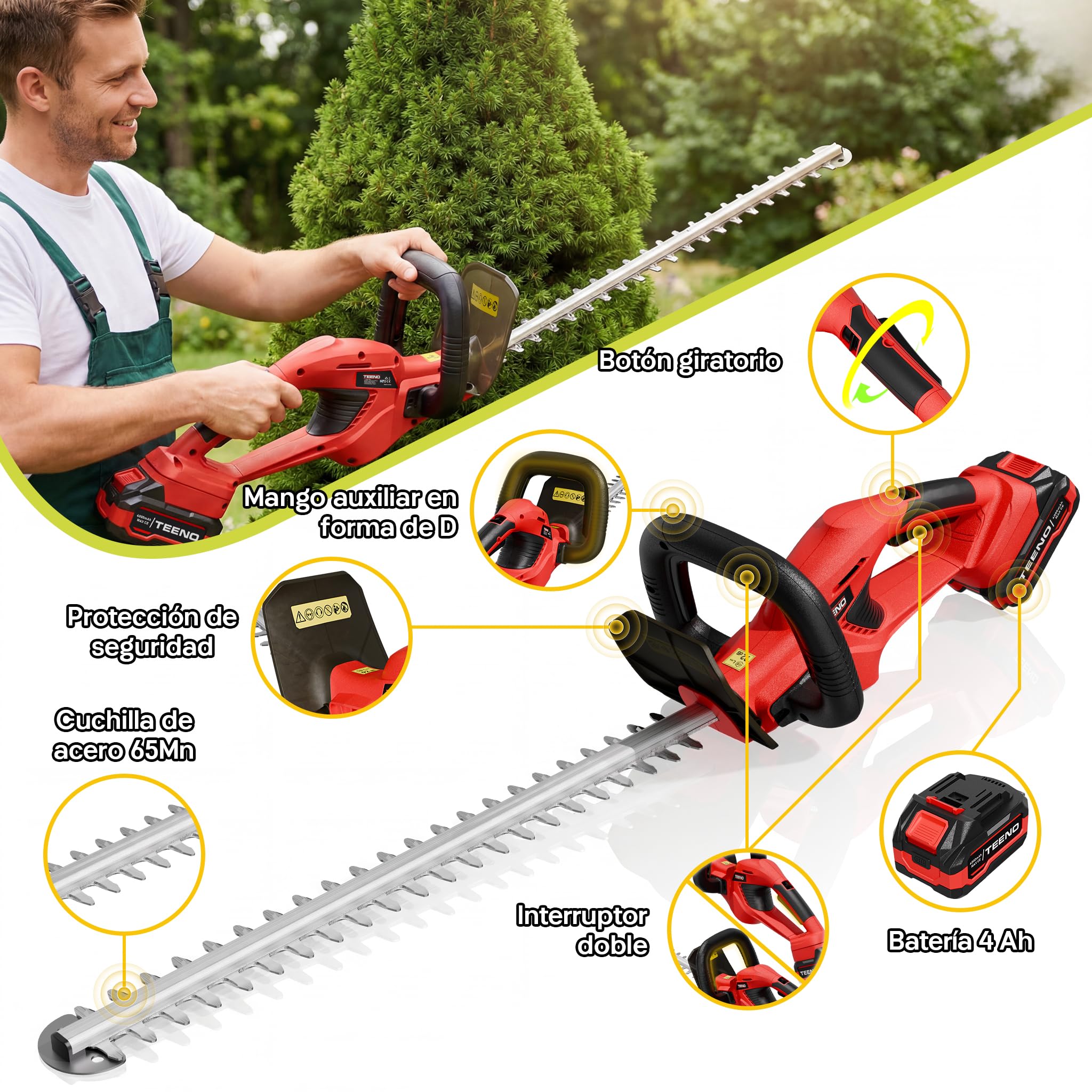 TEENO Cortasetos batería 20 V, Cortasetos eléctrico para setos y arbustos, con 1 batería 4000 mAh, Hoja de 52 cm, Corte 16 mm, Mango Giratorio 180°,para jardín doméstico