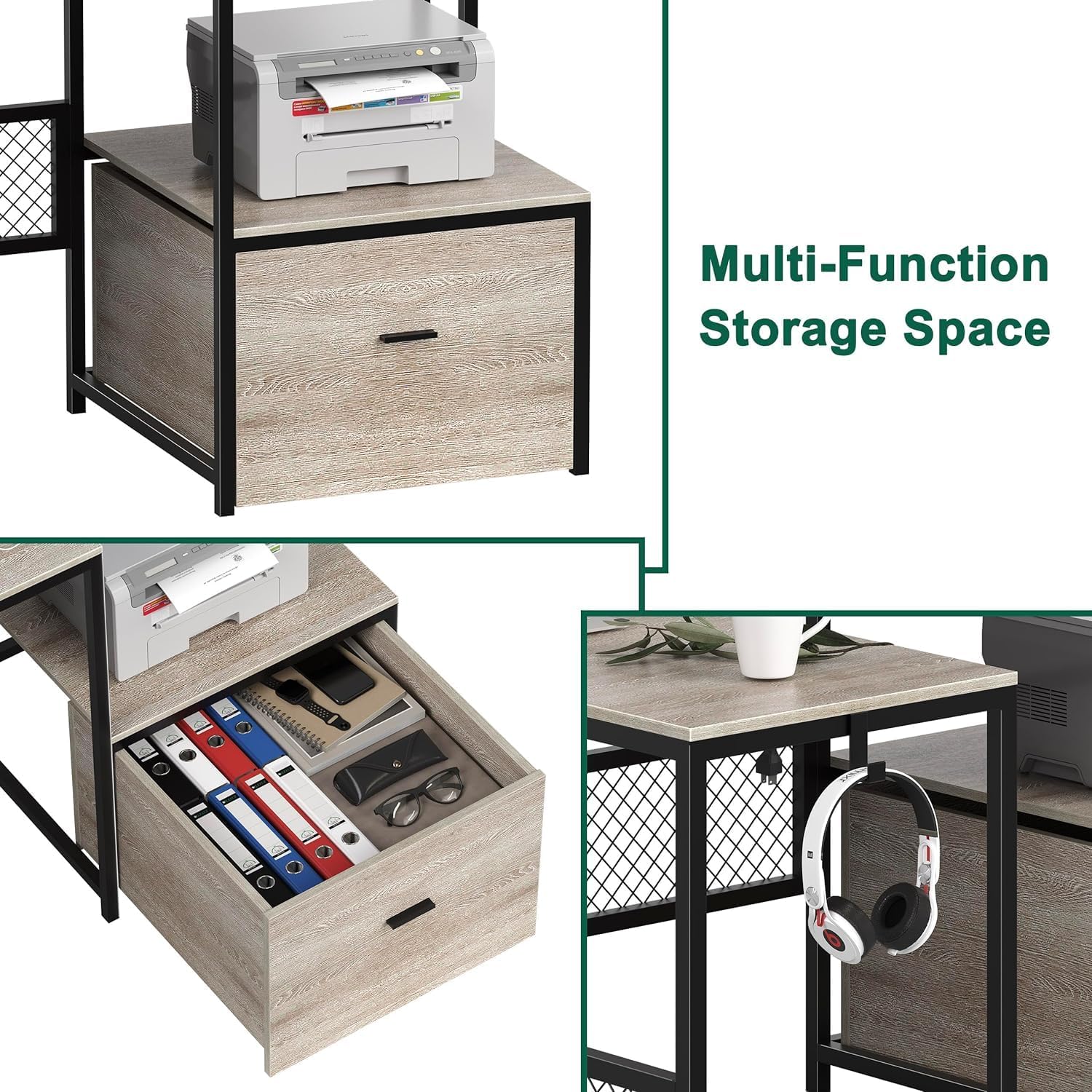 L Shaped Desk with Drawers, 66" Home Office Desk with Power Outlet and Led Strip, Computer Desk with Storage Shelves & Monitor Stand, Large Corner Desk Gaming Desk, Grey