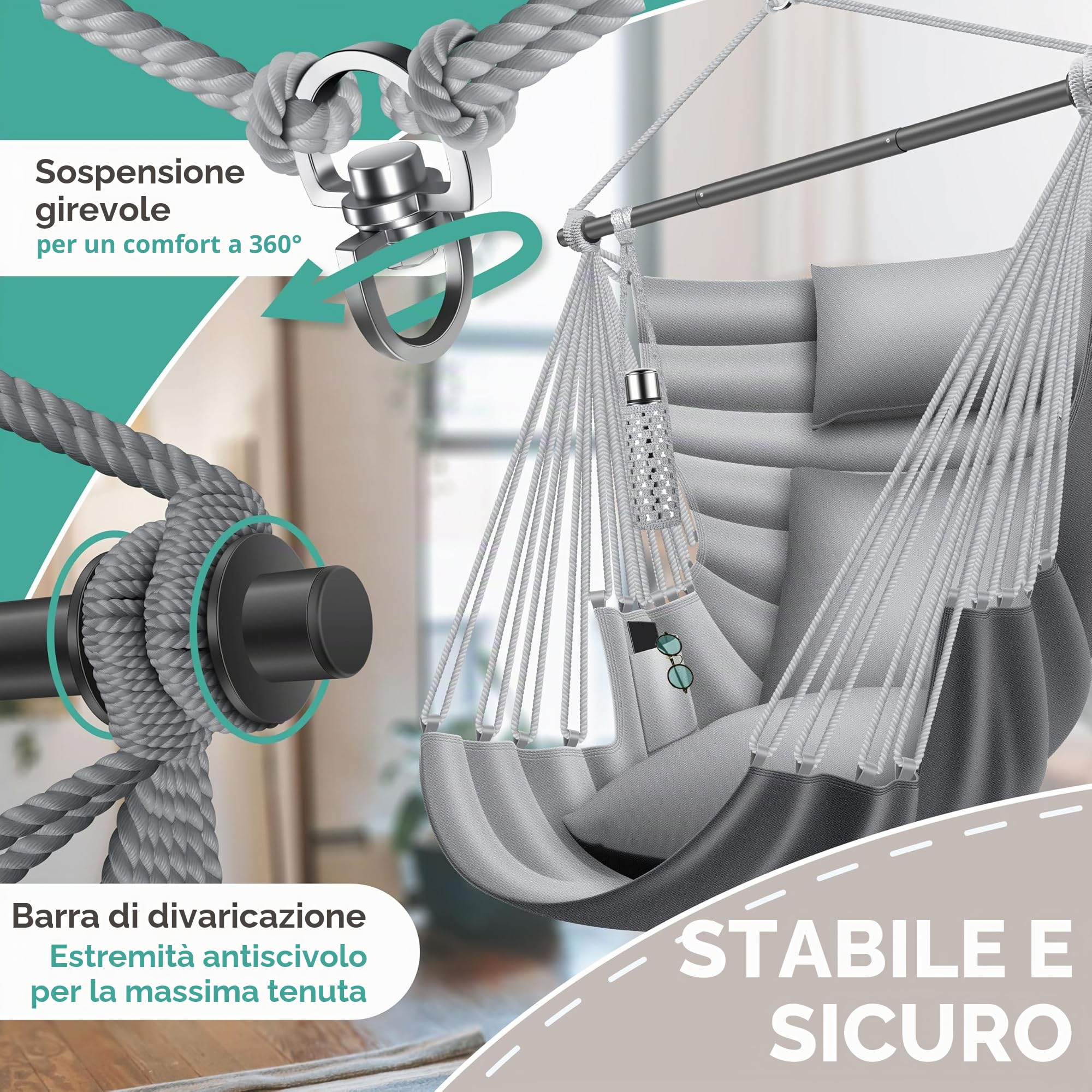 KESSER® Poltrona sospesa Haiti, portata 150 kg, girevole a 360°, altalena sospesa per interni ed esterni, resistente ai raggi UV e all'acqua, facile da pulire, include 2 cuscini, borsa per il