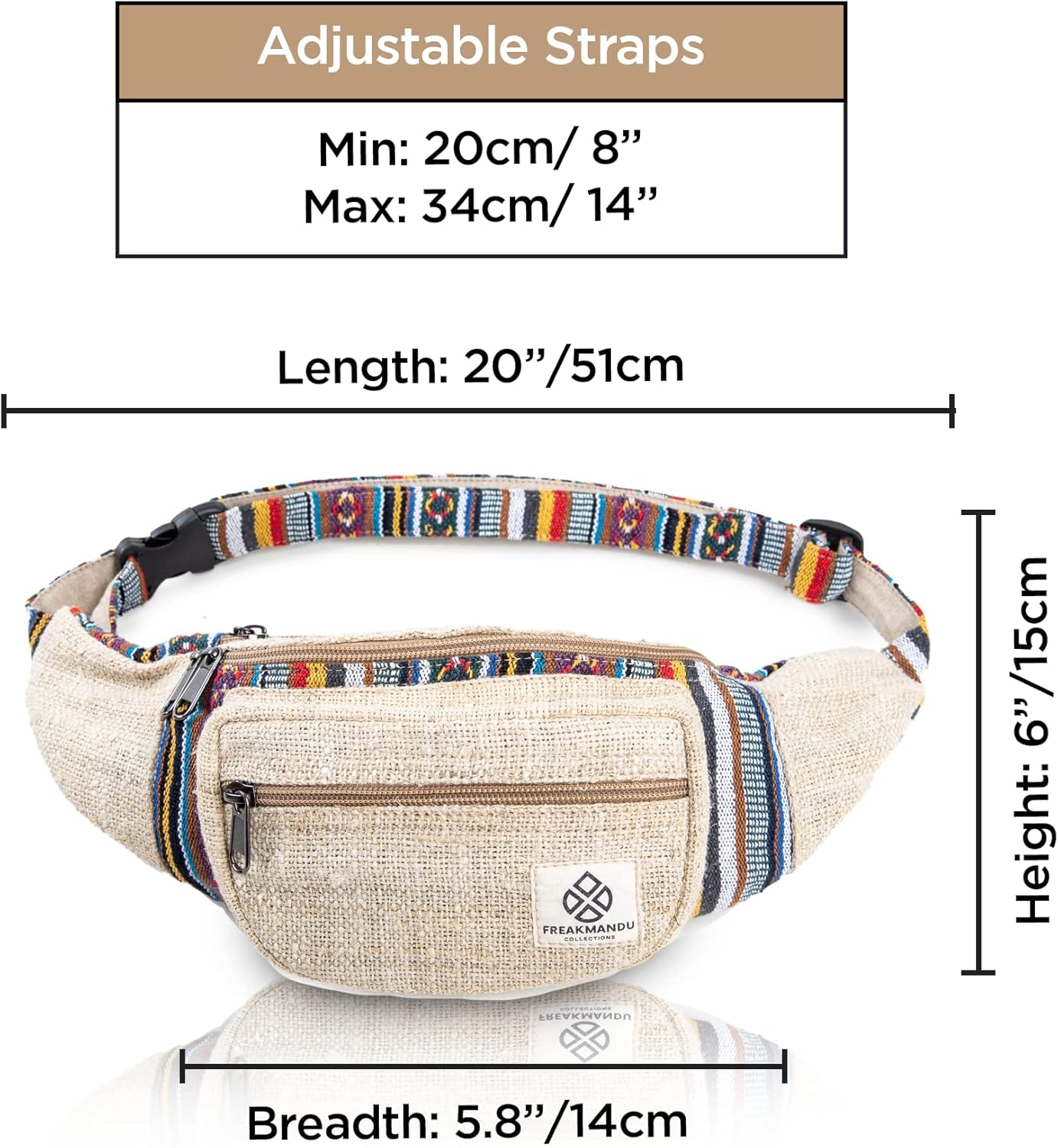 Freakmandu Eco-Friendly Boho Hippie Style Hemp Fanny Pack Hip Waist Bag for Hiking Running Jogging (Beatnik) - Image 2