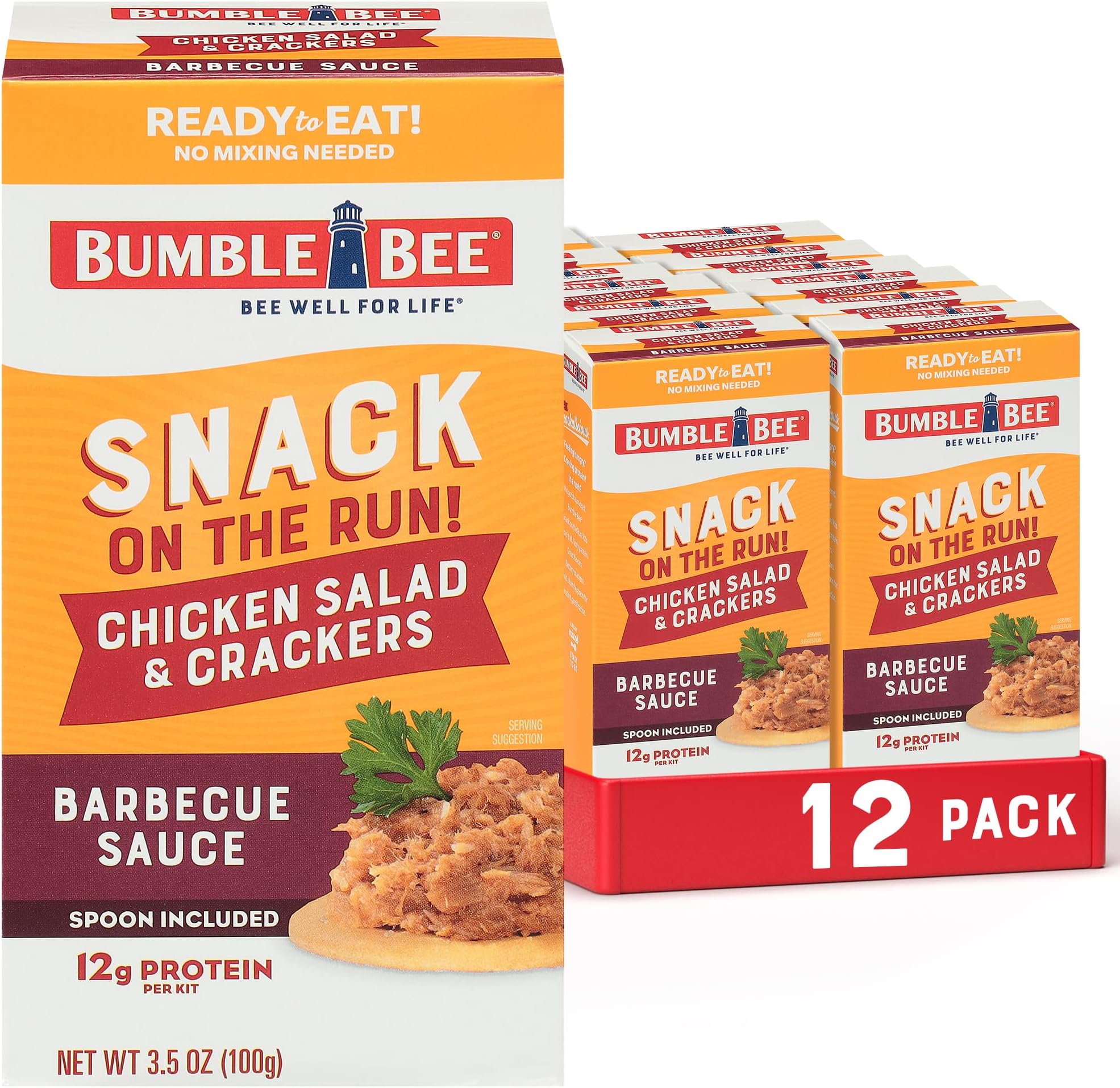 Bumble Bee Snack On The Run! Protein Snack Pack - BBQ Chicken Salad with Crackers - 12g Protein per Box - Ready to Eat Easy-Open Canned Chicken Salad (Pack of 12)
