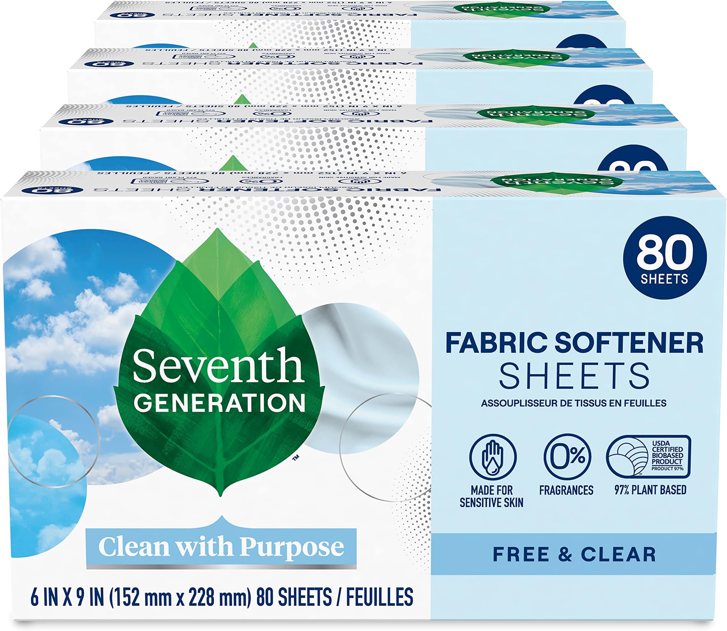 Dryer Sheets Fabric Softener Free & Clear Fragrance Free 80 Sheets, Pack of 4